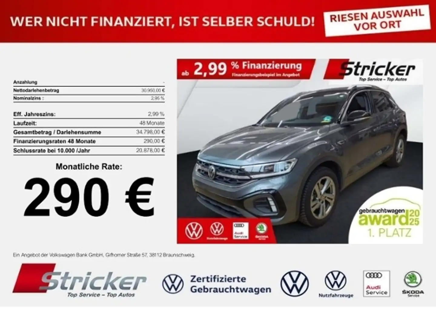 Volkswagen T-Roc R-Line 1.5TSI DSG 290,-ohne Anzahlung Navi AHK Grau - 1