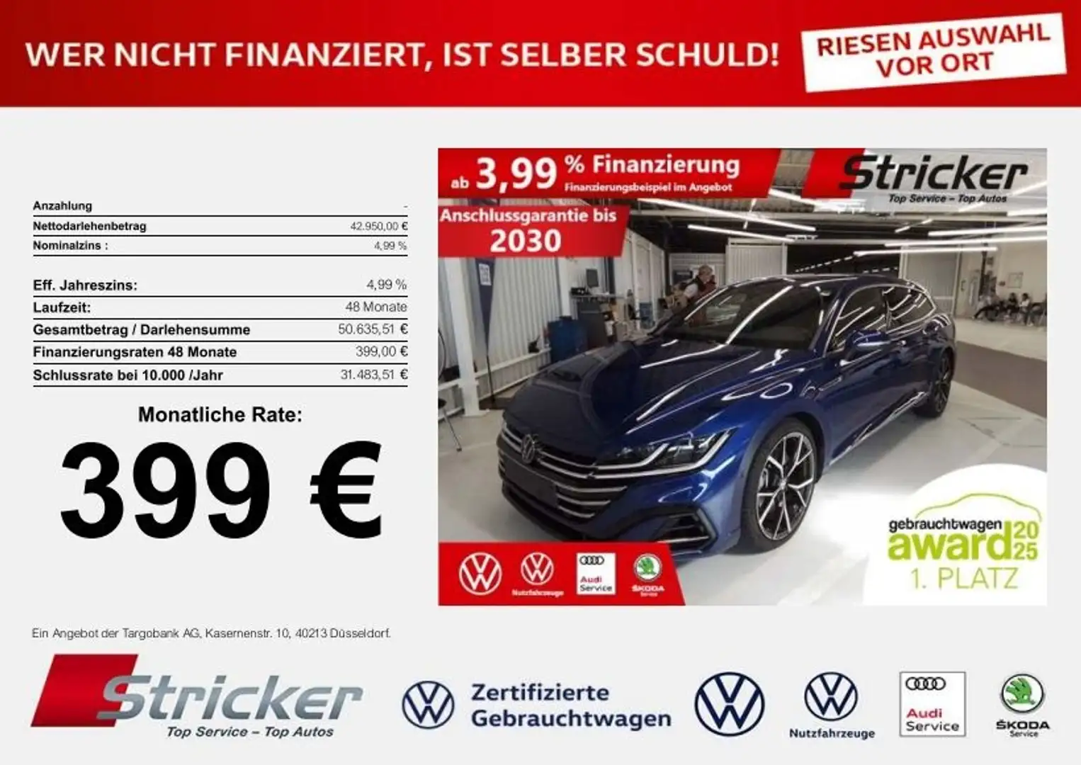 Volkswagen Arteon Shooting Brake R-Line 2.0TSI 399,-ohne Anzahlung Blau - 1