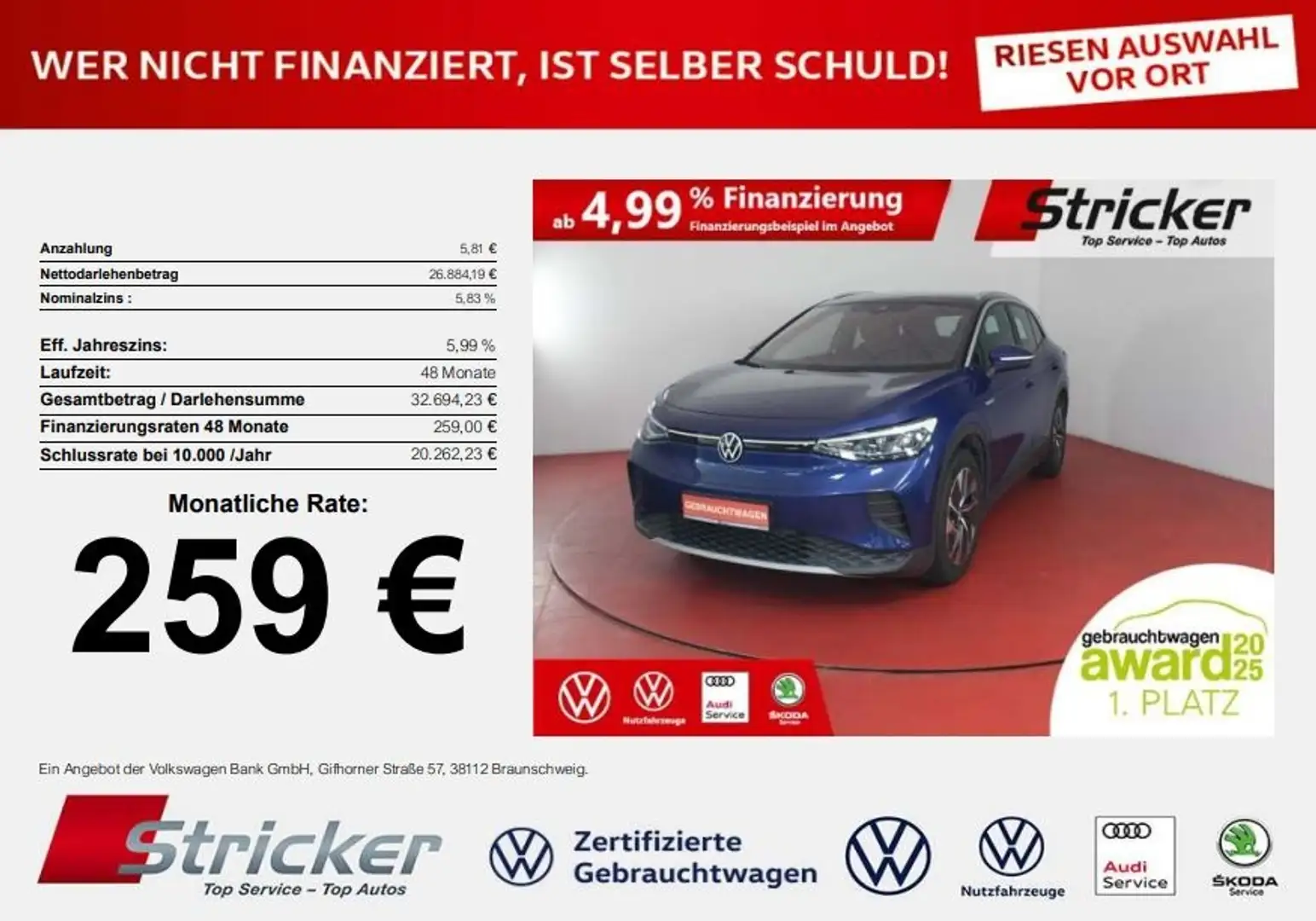 Volkswagen ID.4 Pro Performance 150/77 259,-ohne Anzahlung Navi A Blau - 1
