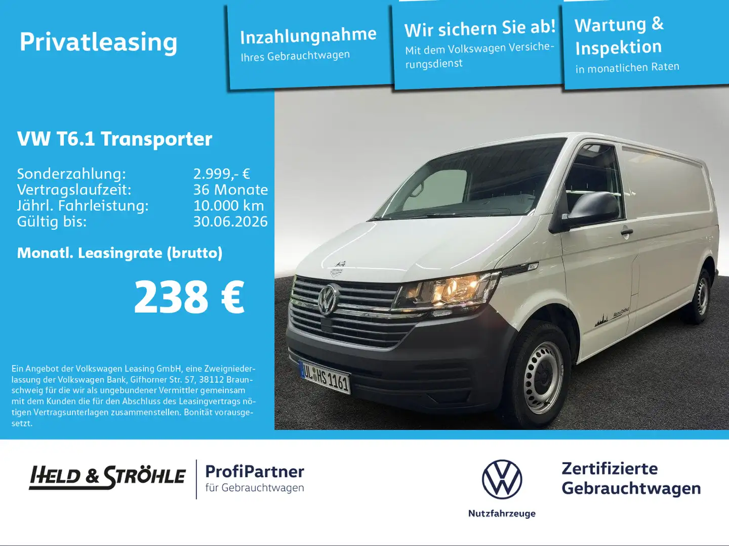 Volkswagen T6.1 Transporter T6.1 Kasten LR 2.0 TDI AHK HECKFLÜGEL PDC KLIMA Weiß - 1