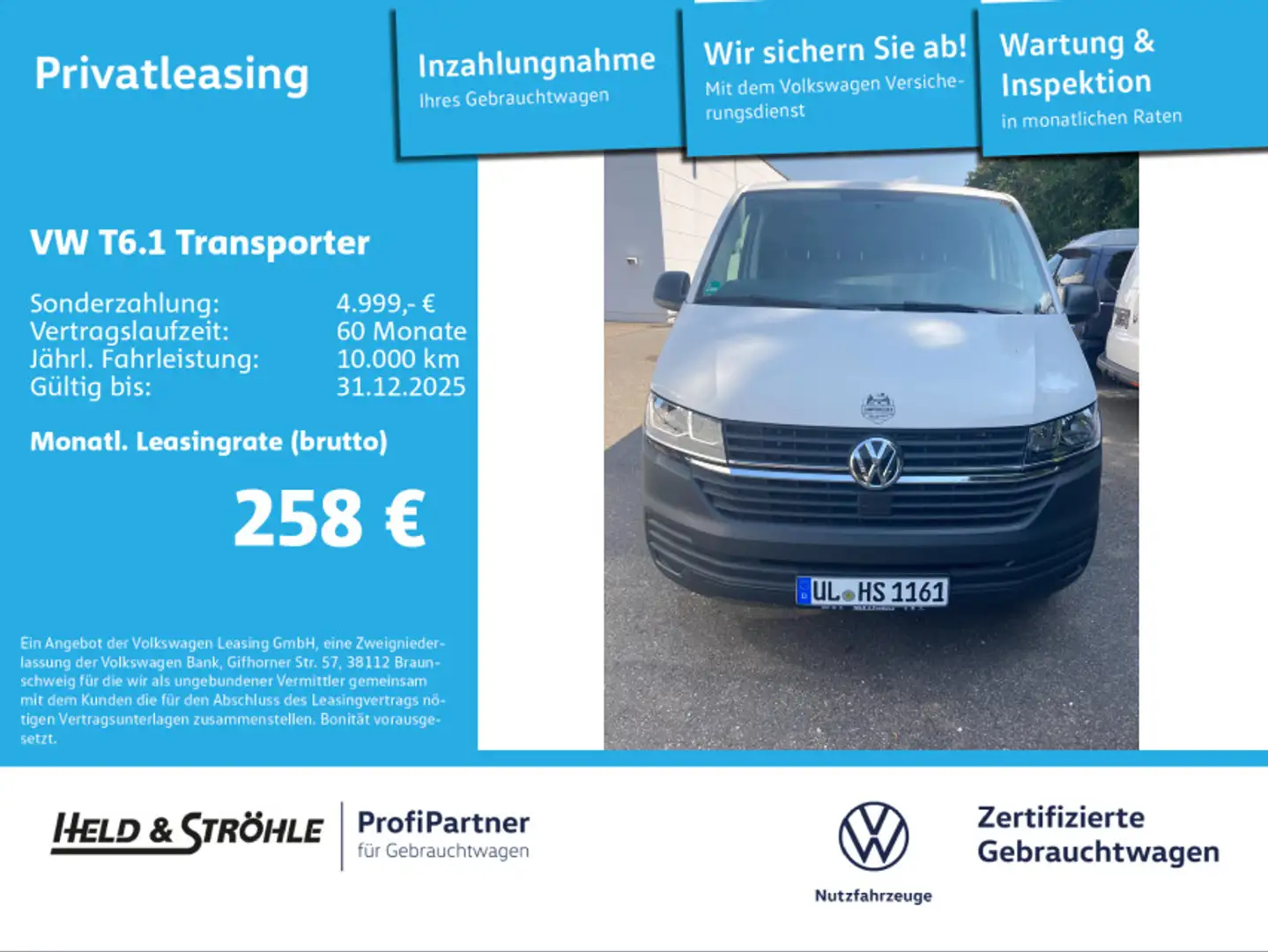 Volkswagen T6.1 Transporter T6.1 Kasten LR 2.0 TDI AHK HECKFLÜGEL PDC KLIMA Weiß - 1