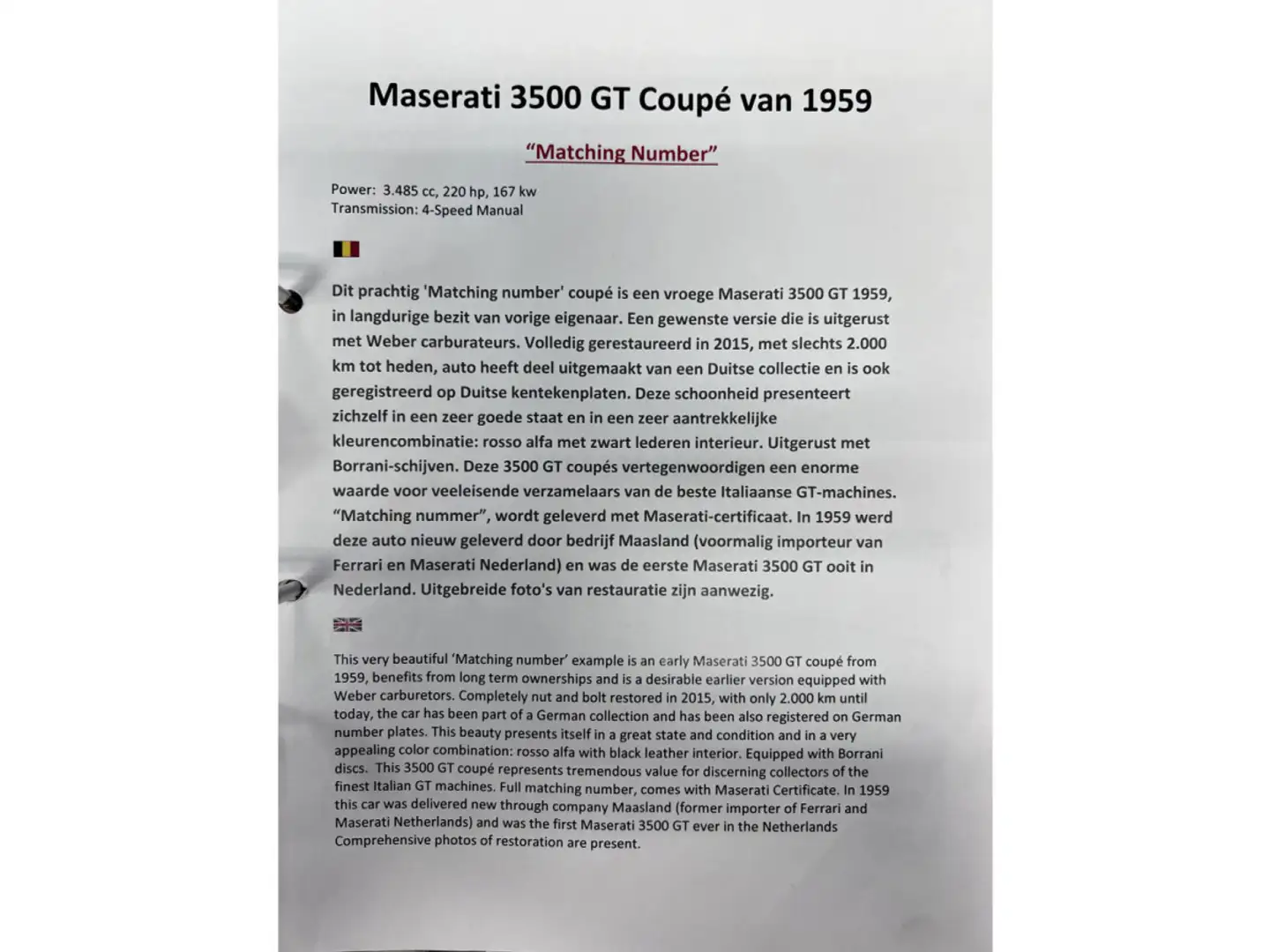 Maserati 3500 GT Touring Superleggera Maching and NEW make Rojo - 2
