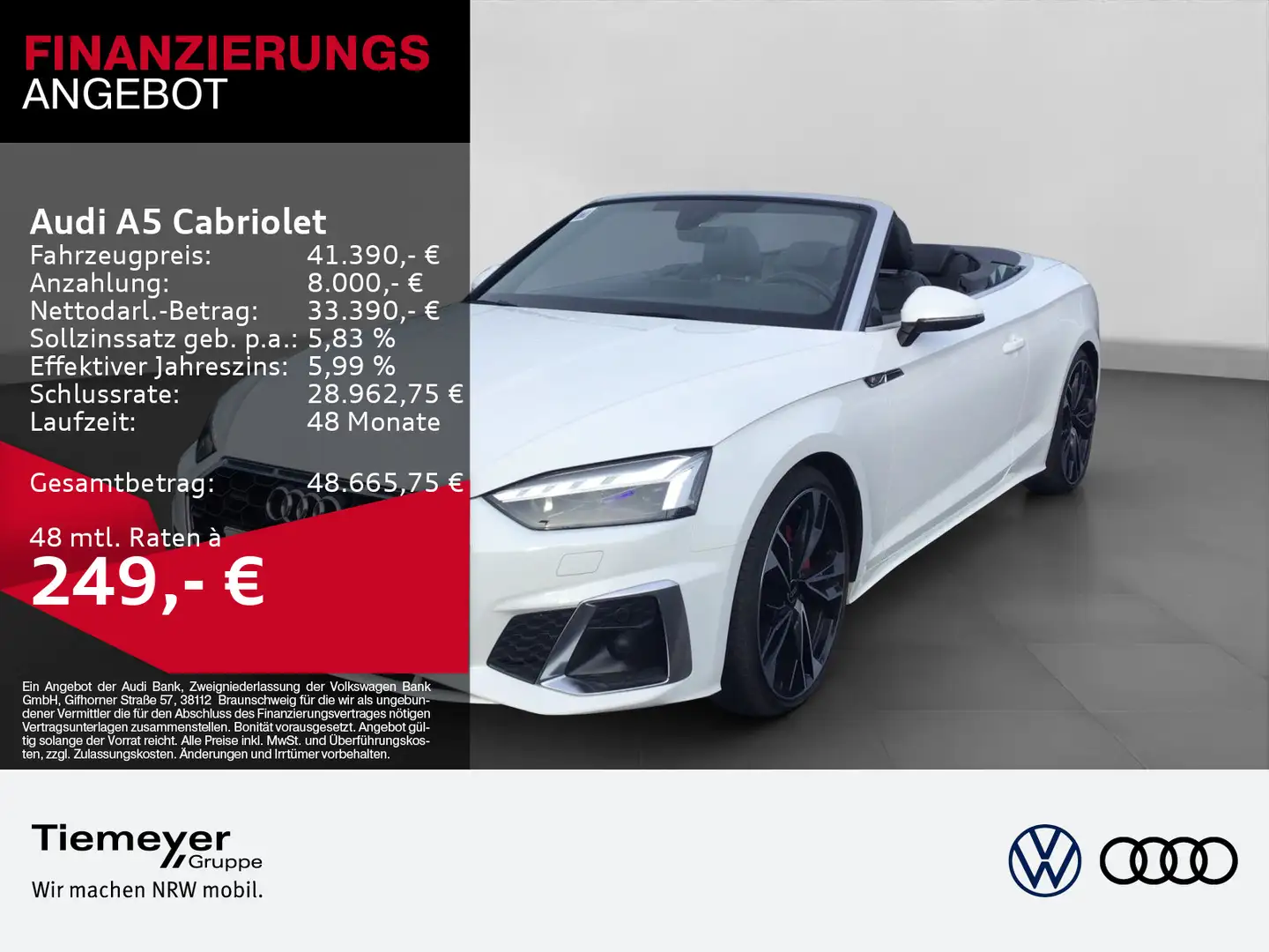 Audi A5 A5 Cabrio 40 TFSI Q 2x S LINE LM20 LEDER MATRIX Weiß - 1