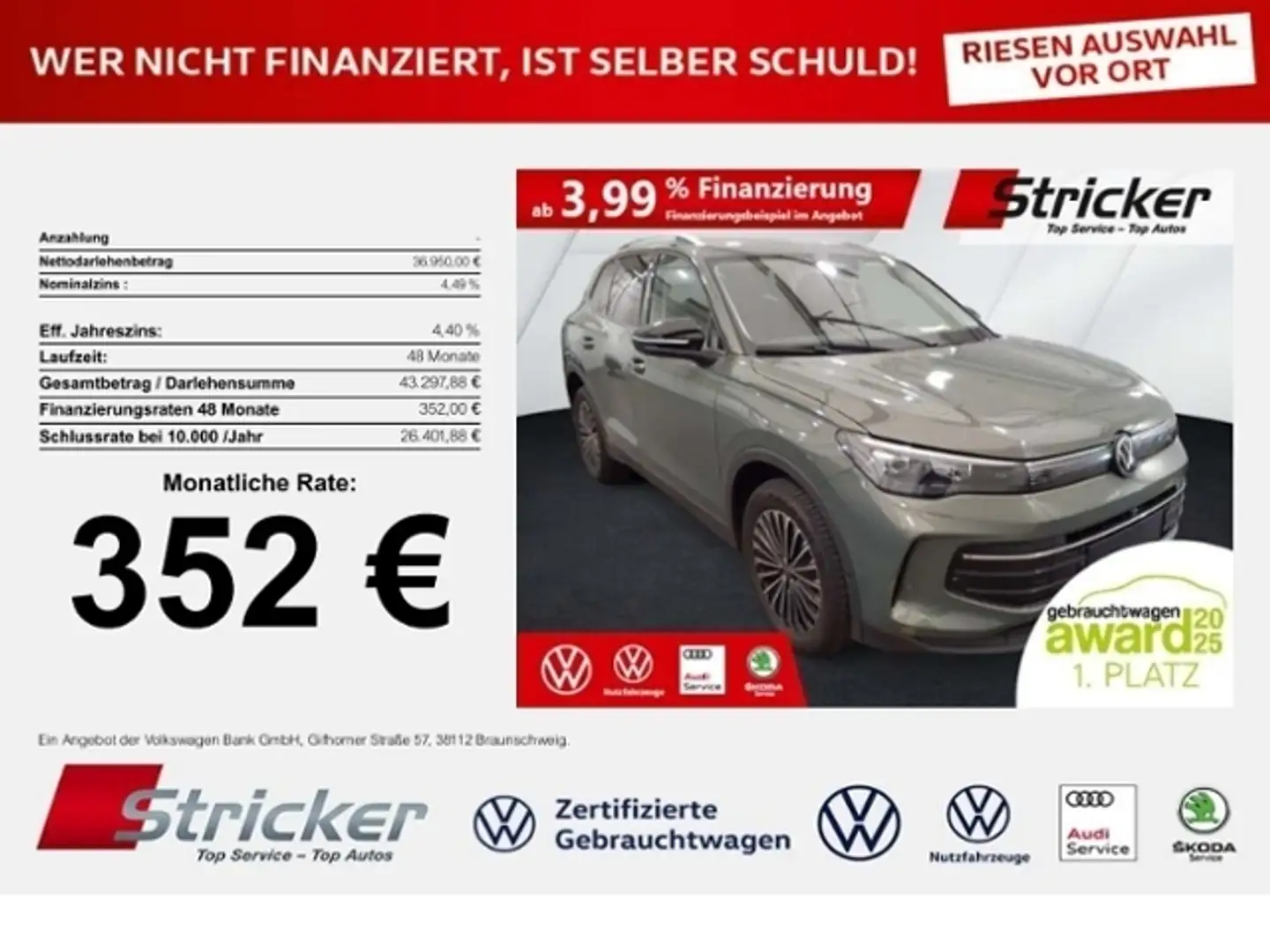 Volkswagen Tiguan GOAL 2.0TDI DSG 352,-ohne Anzahlung Navi AHK Kame Grün - 1