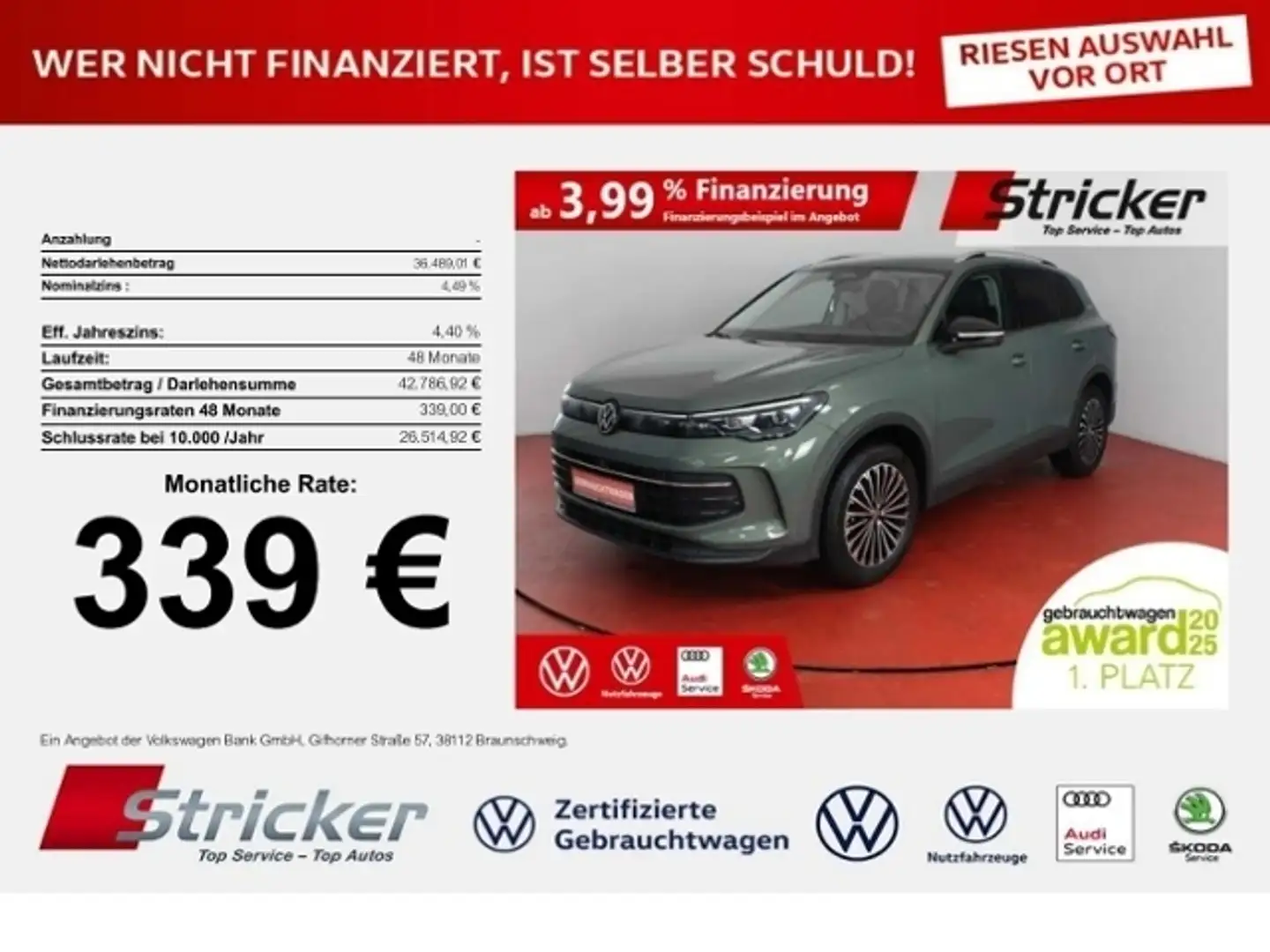 Volkswagen Tiguan GOAL 2.0TDI DSG 339,-ohne Anzahlung Navi AHK Kame Grün - 1