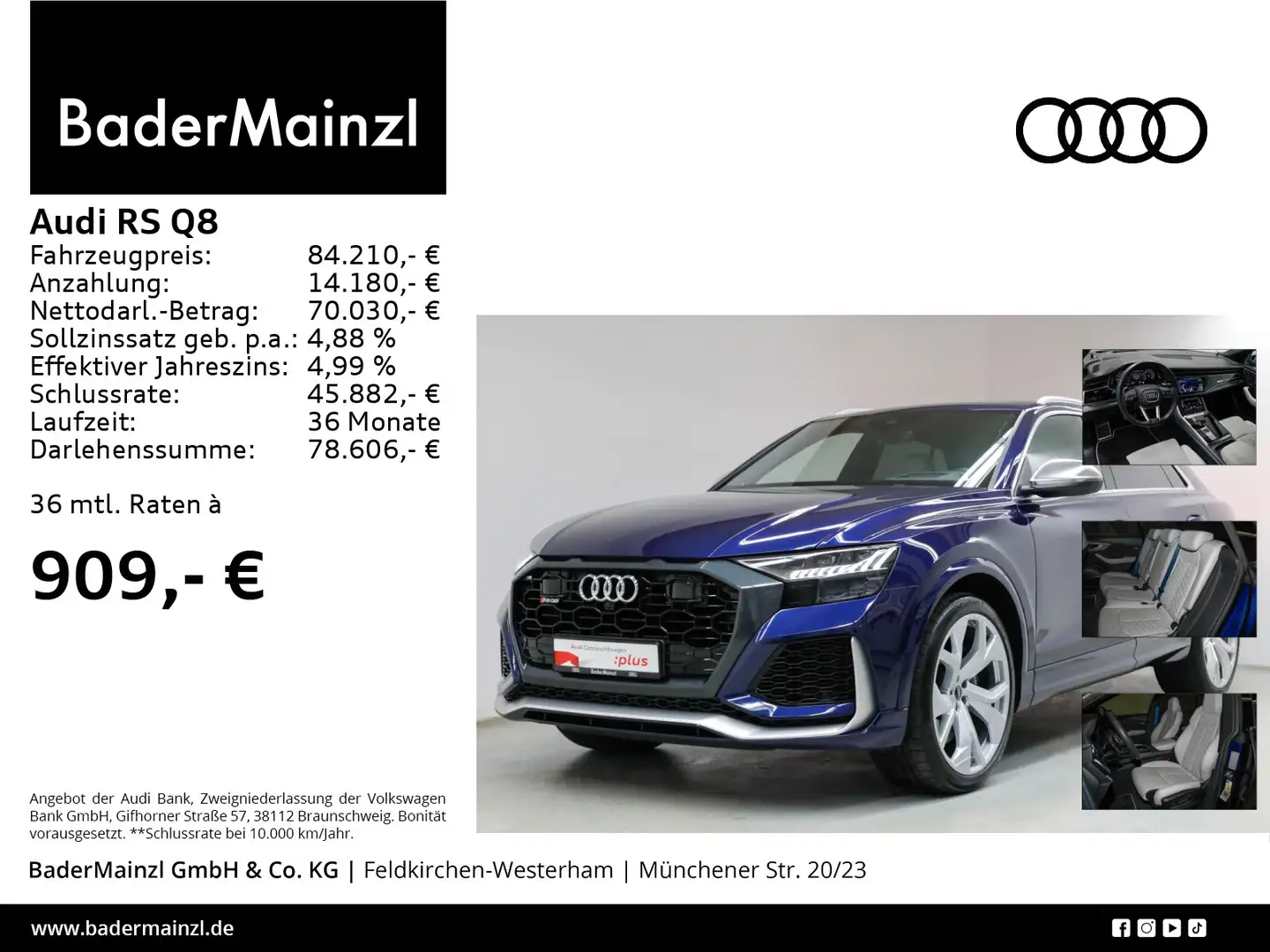 Audi RS Q8 tiptronic AHK B&O Pano HUD StdHzg Matrix Niebieski - 1