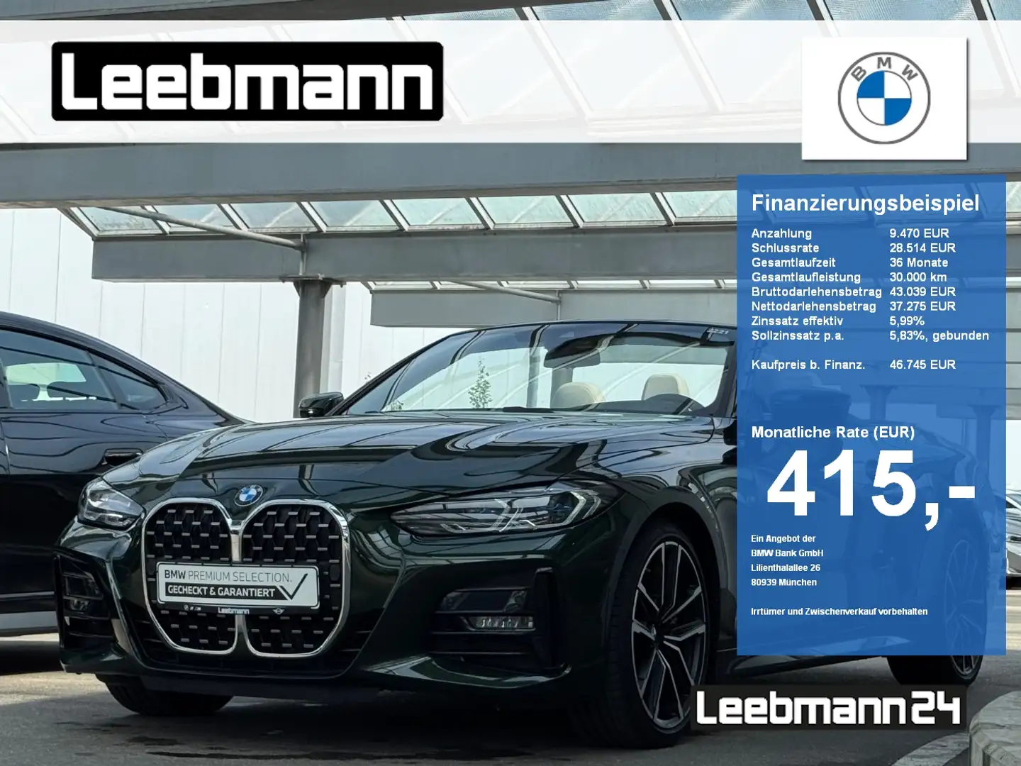 BMW 430 i Cabrio M-Sport Merino/Carbon/HK 2.J.GARANTIE Zelená - 1