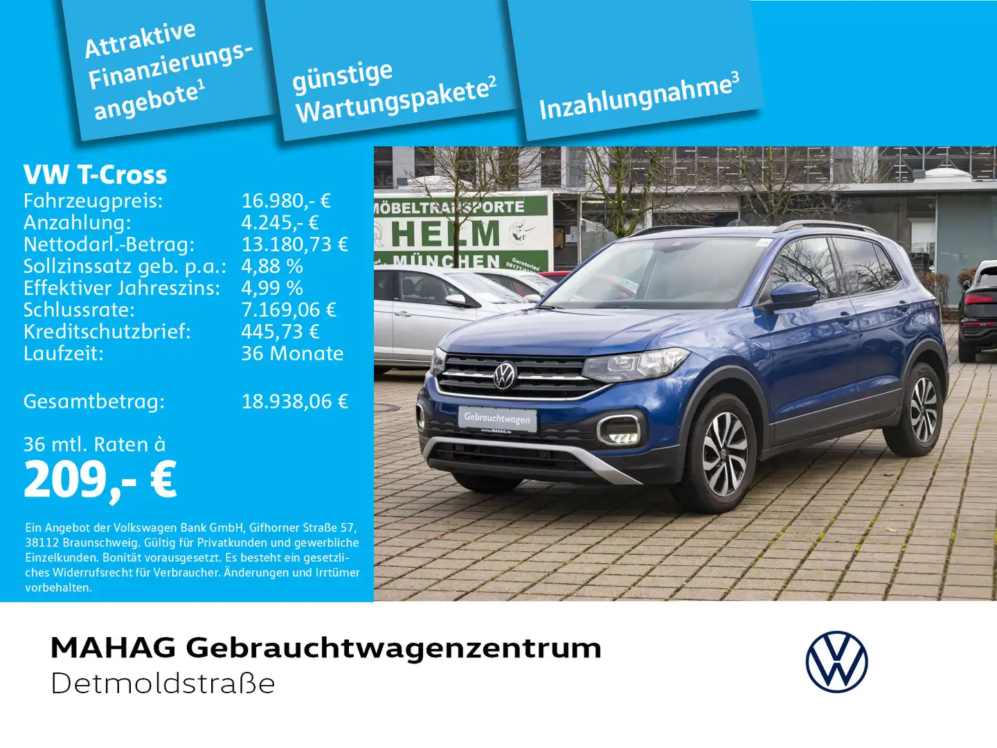 Volkswagen T-Cross T-CROSS 1.0 TSI ACTIVE Navi ParkAssist LaneAssis Bleu - 1