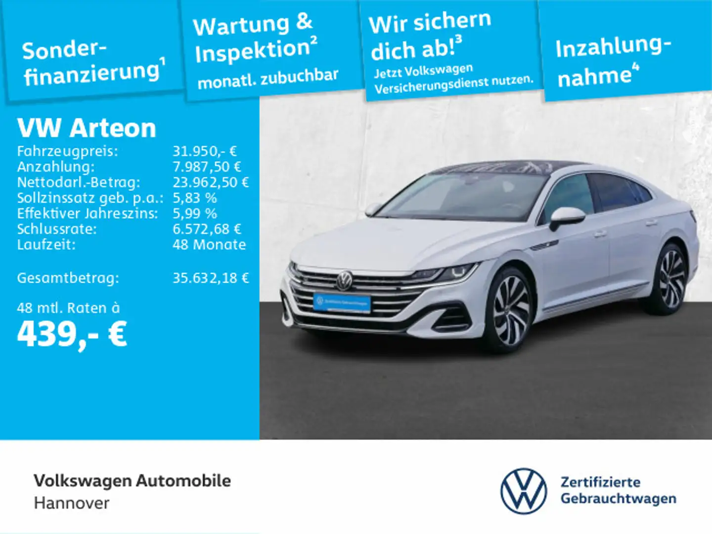 Volkswagen Arteon 2.0 TSI R-Line DSG Navi AHK Pano CAM DigC Weiß - 1