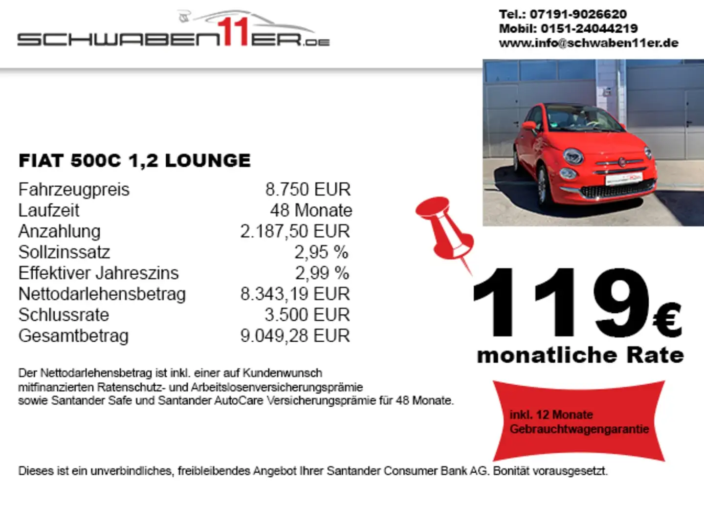 Fiat 500 1,2 Lounge, Garantie, 119 € p.M.  Rosso - 1