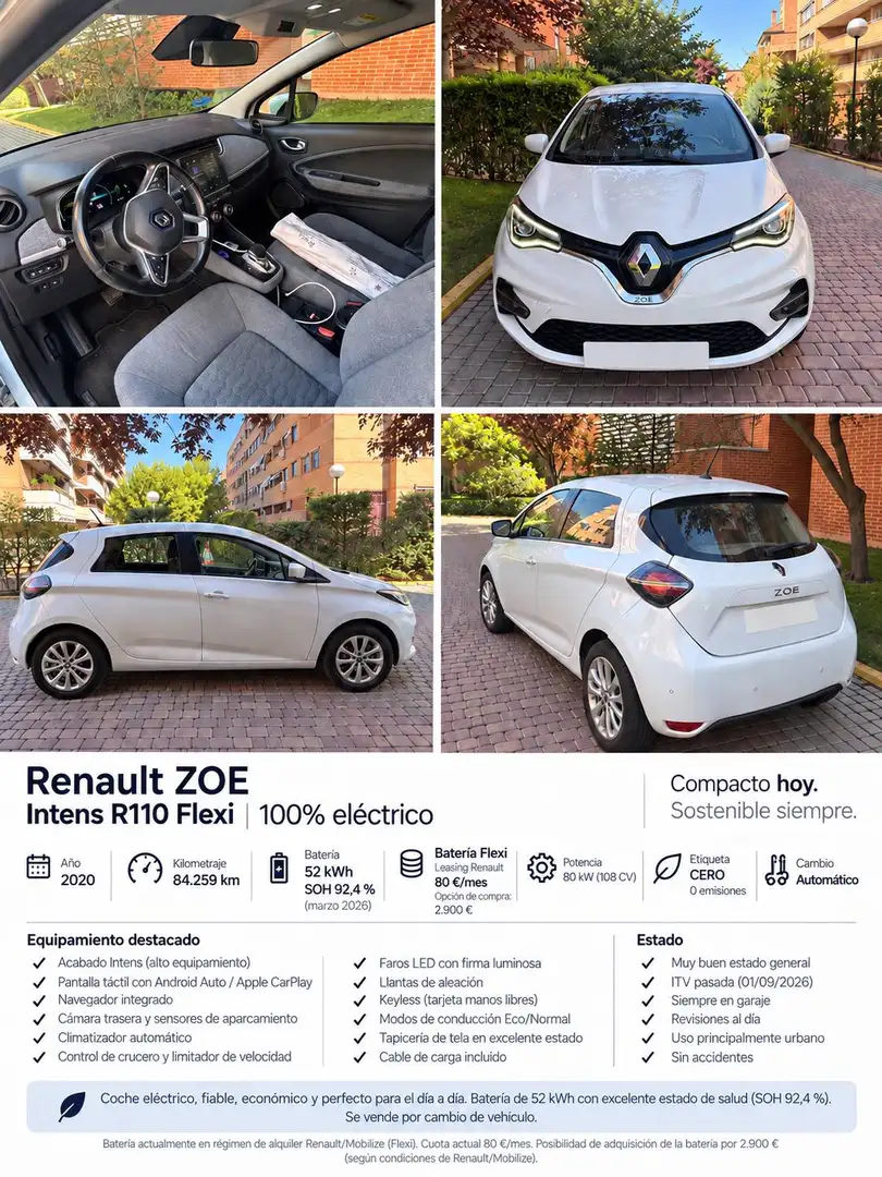 Renault ZOE Zoe Intens 50 R110 Flexi 80kW Intens Blanco - 1