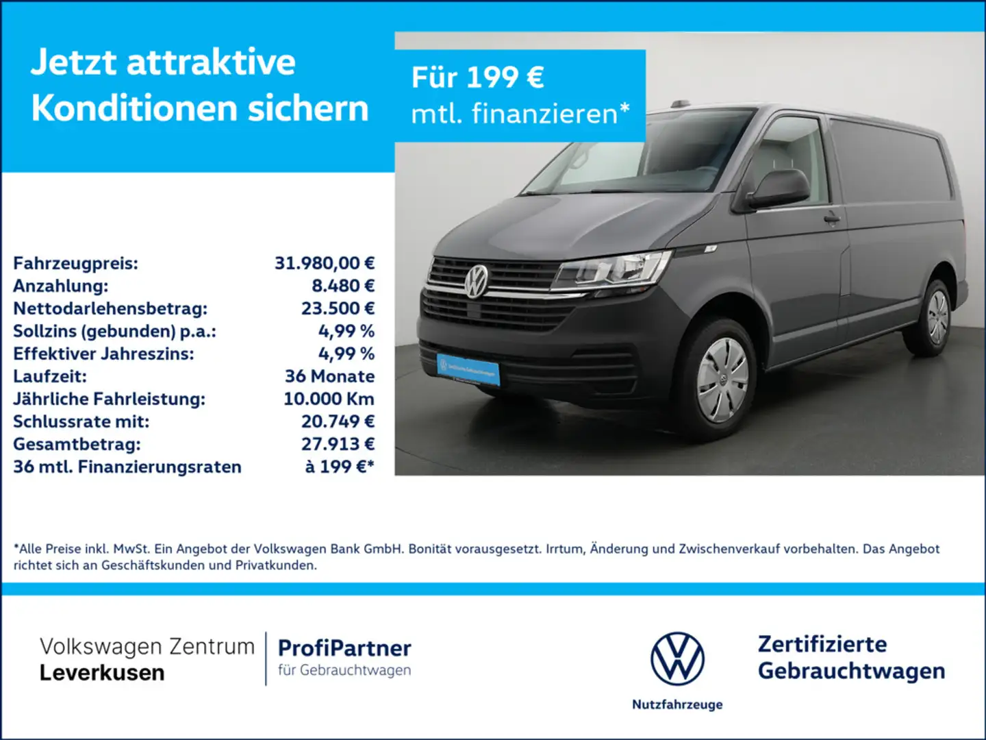 Volkswagen T6.1 Transporter Kasten PDC SHZ KLIMA PORT NA Grau - 1