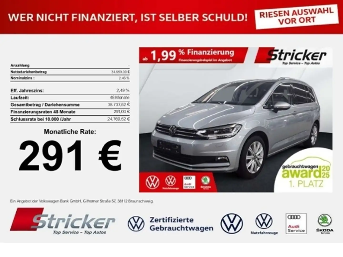 Volkswagen Touran Highline 2.0TDI DSG 291,-ohne Anzahlung 7-Sitzer Argent - 1