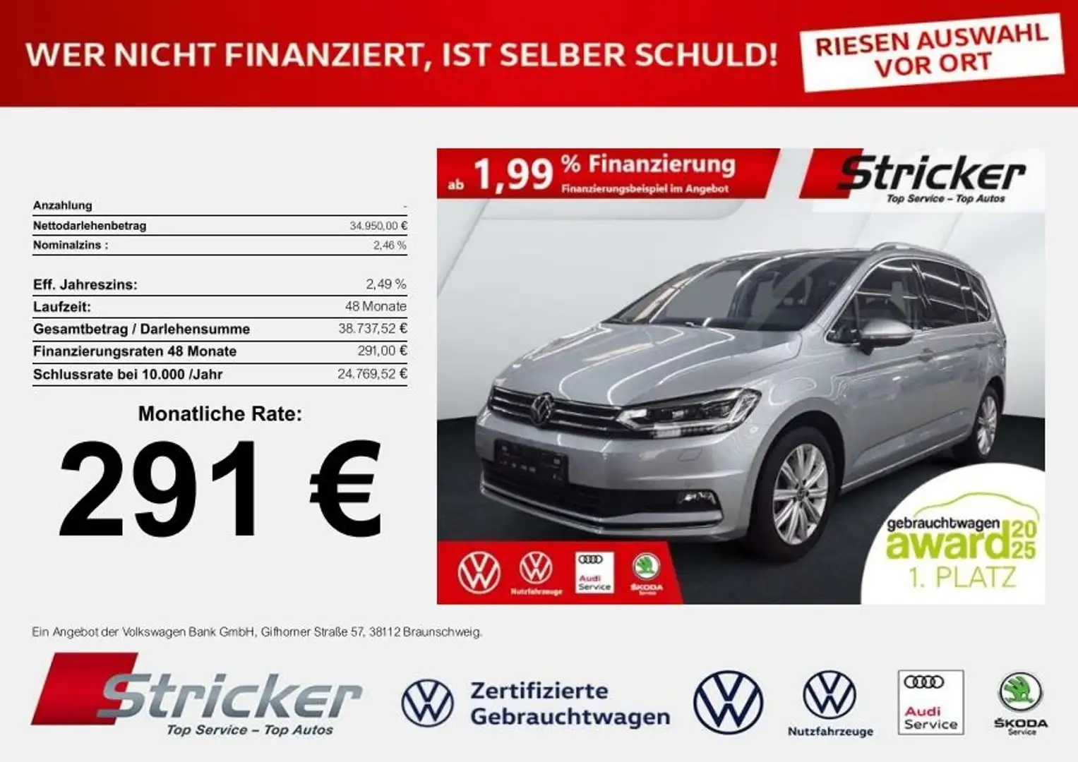 Volkswagen Touran Highline 2.0TDI DSG 291,-ohne Anzahlung 7-Sitzer Argent - 2