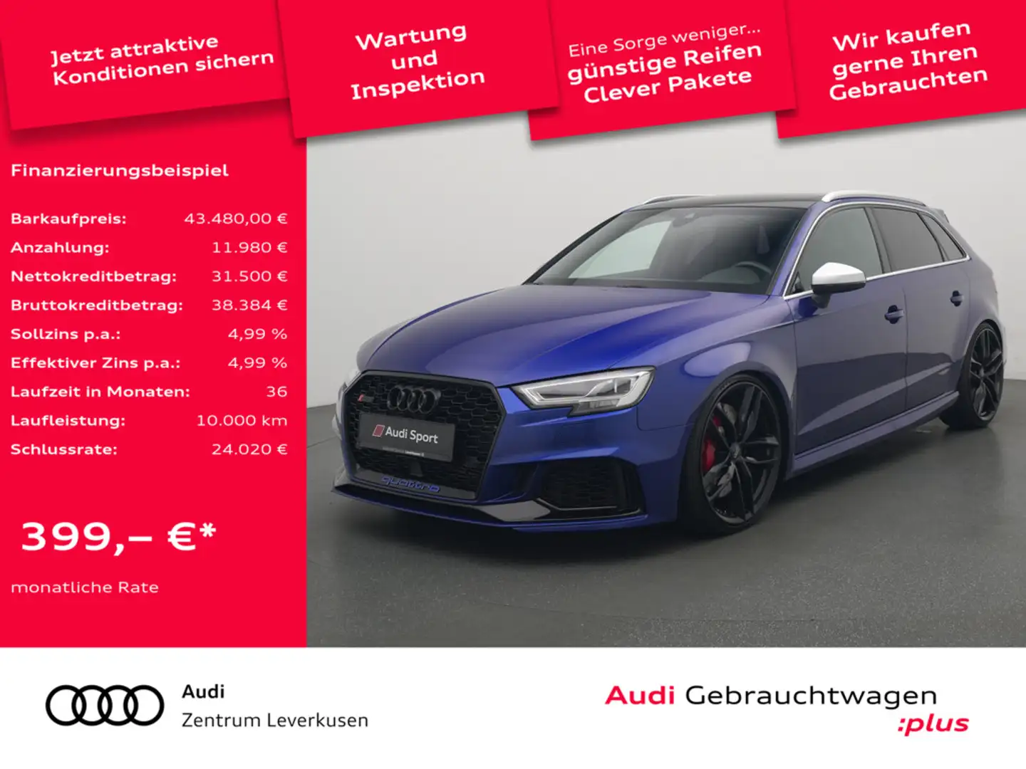 Audi RS3 Sportback ACC LEDER NAVI PANO B&O VIRT RA Blau - 1