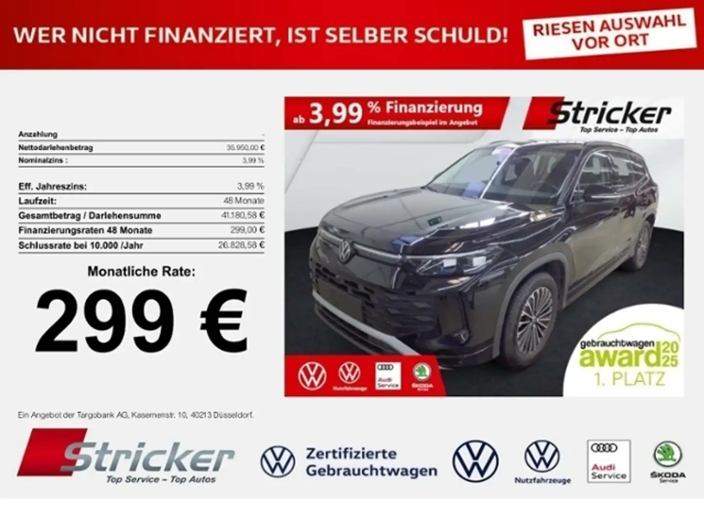 Volkswagen Tayron Life 1.5eTSI DSG 299,-ohne Anzahlung Navi AHK Kam Schwarz - 1