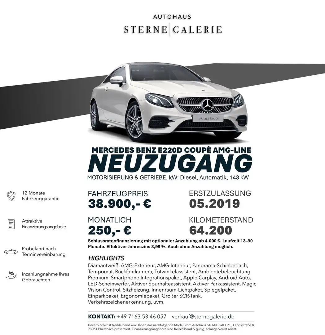 Mercedes-Benz E 220 D/AMG-LINE/AMBIENT/RÜCKFAHRK/PANO LED Bi Weiß - 1
