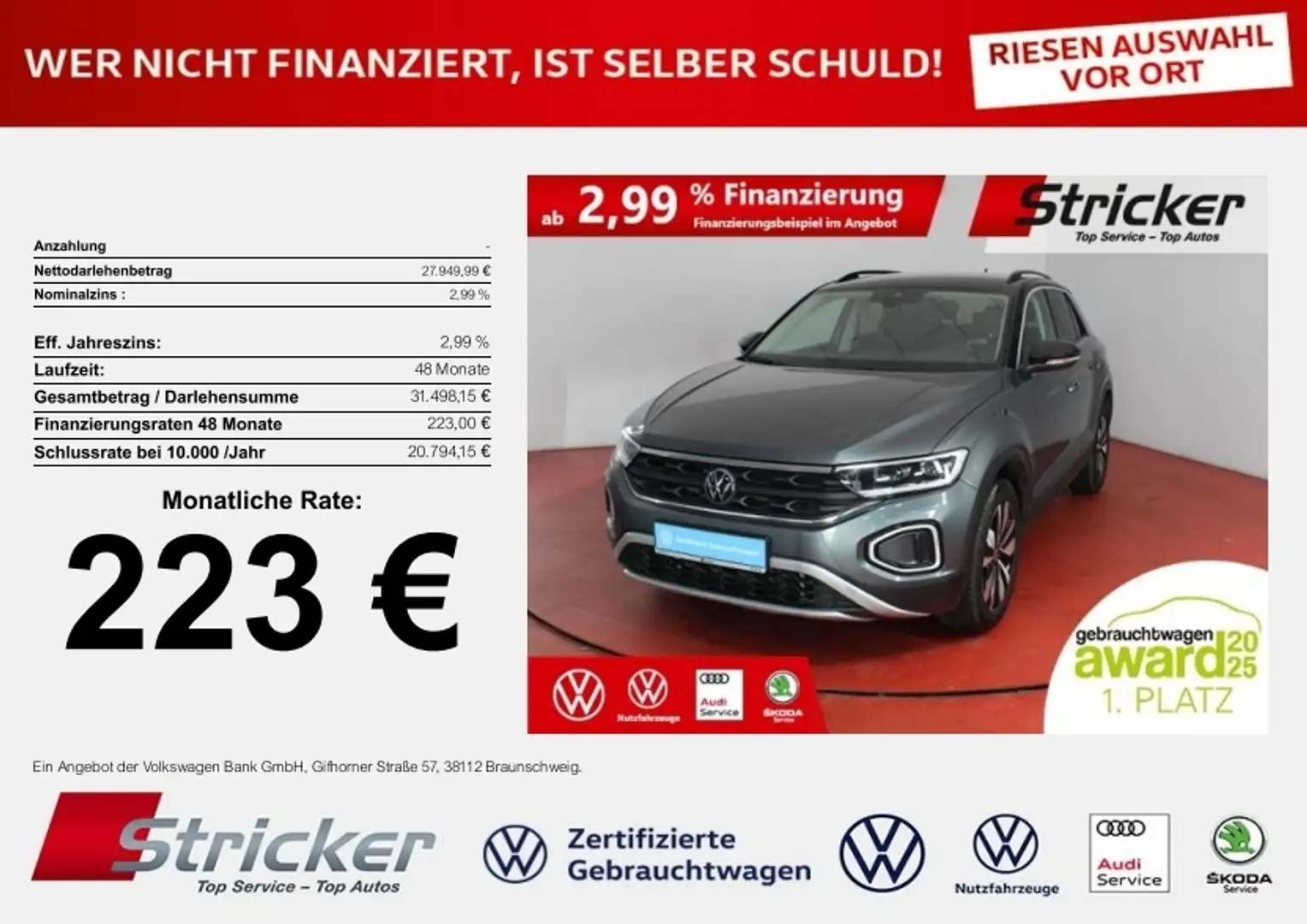 Volkswagen T-Roc Goal 2.0 TDI DSG 223,-ohne Anzahlung AHK Navi Kam Grau - 1
