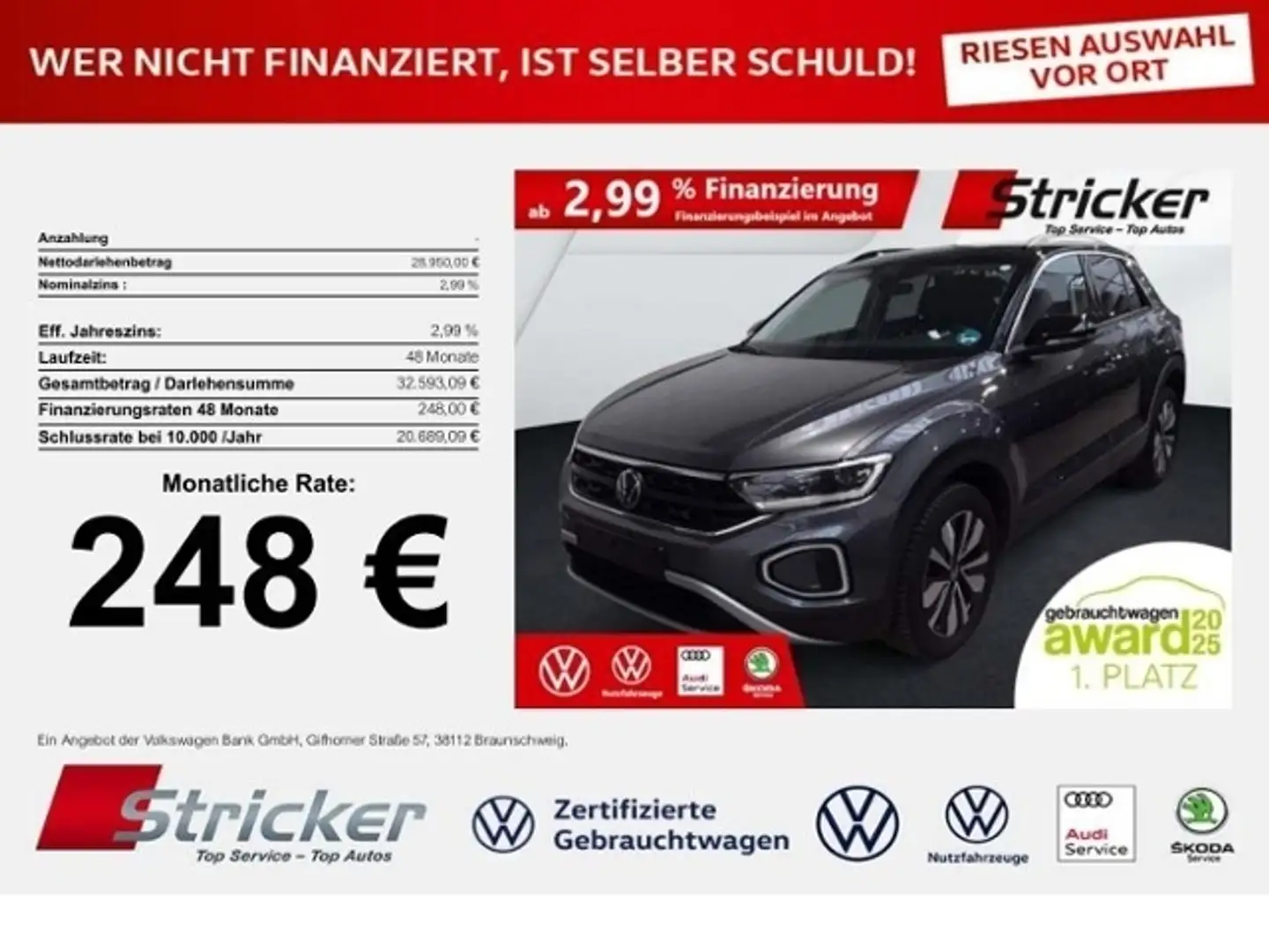 Volkswagen T-Roc Goal 2.0 TDI DSG 248,-ohne Anzahlung AHK Navi Kam Grau - 1