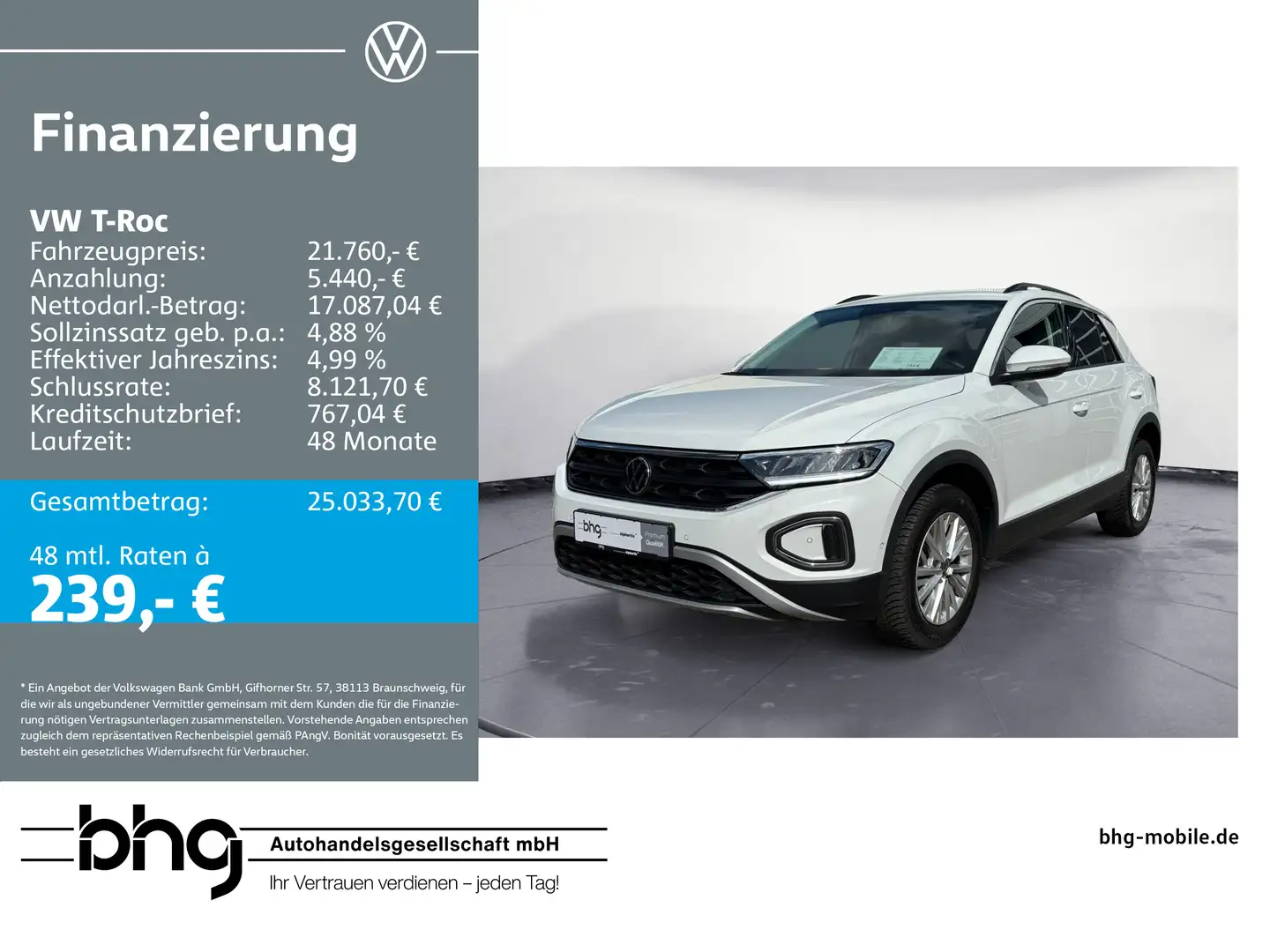 Volkswagen T-Roc Life 1.0 TSI Ganzj.R.; 2-Zonen; Seits. Abg Bianco - 1
