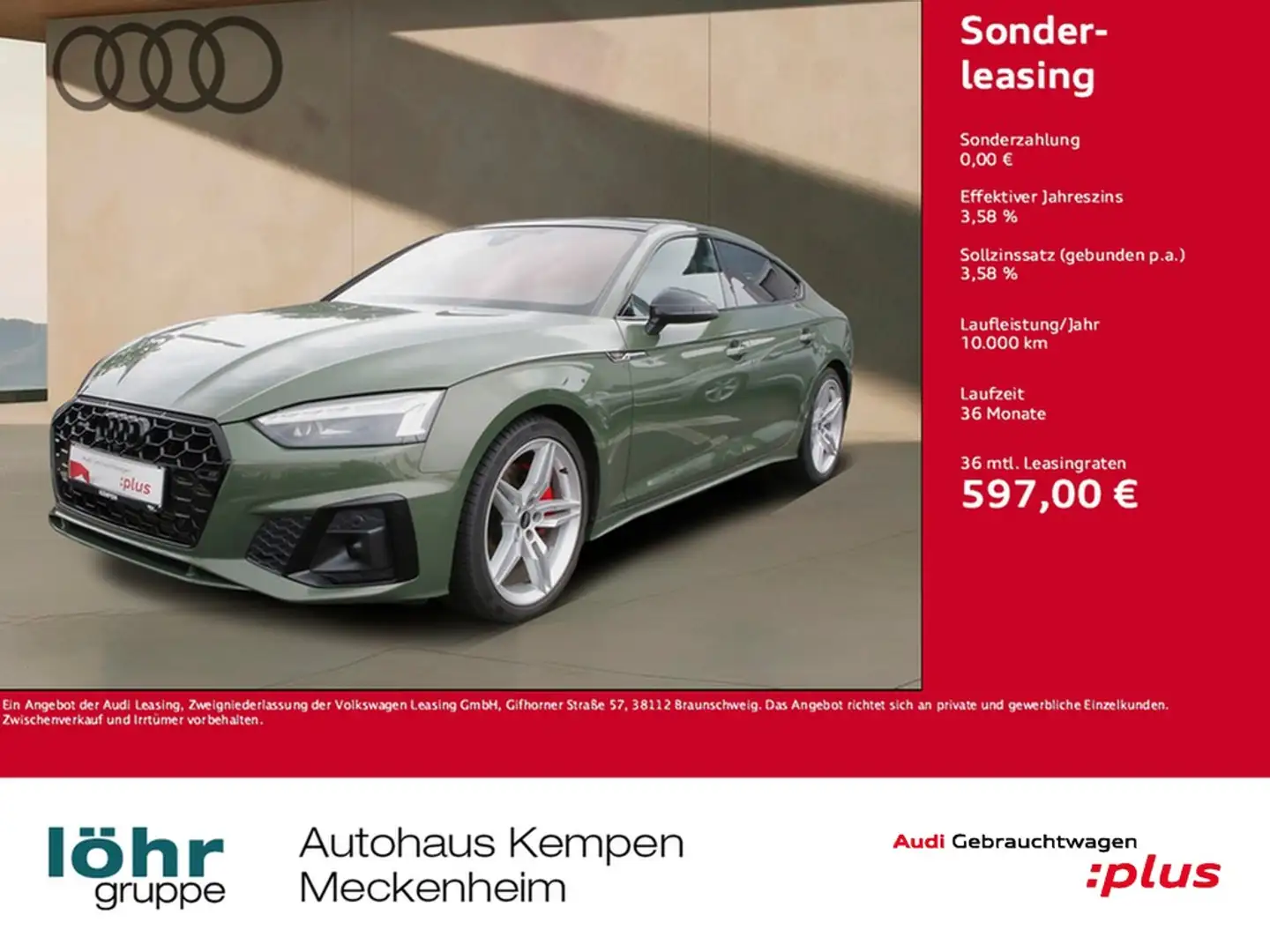 Audi A5 Sportback 45 TFSI Q S line 21"|3.99%|Pano|HuD|M... Grün - 1