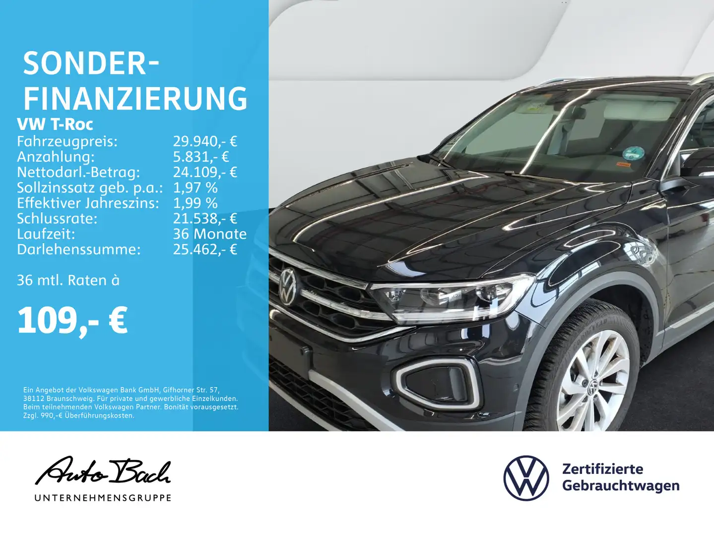 Volkswagen T-Roc 1.5 TSI DSG Style, Navi, LED, AHK, Park As Schwarz - 1