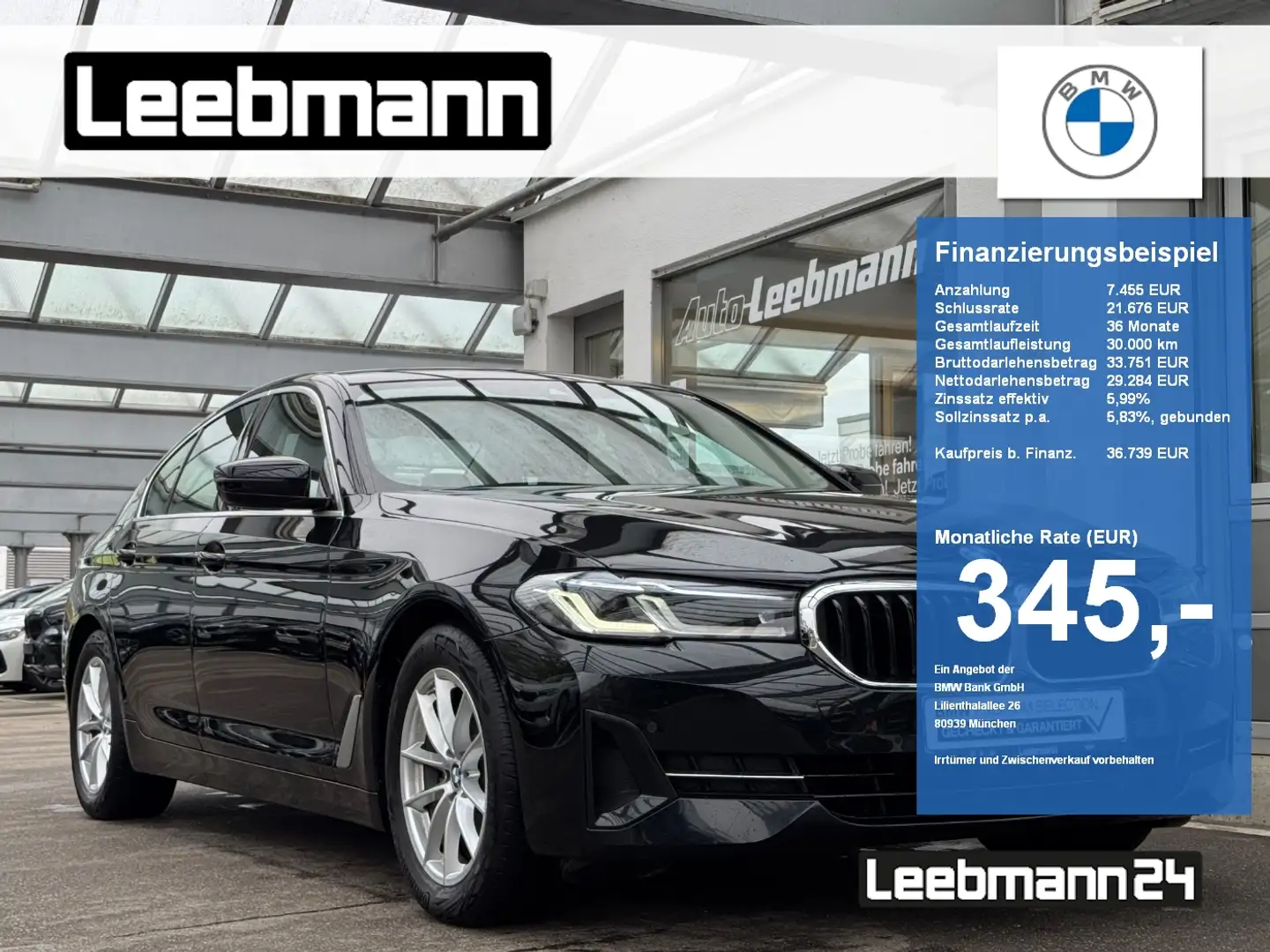 BMW 520 d Lim. AHK/HUD/LASER/Leder 2 JAHRE GARANTIE Negro - 1