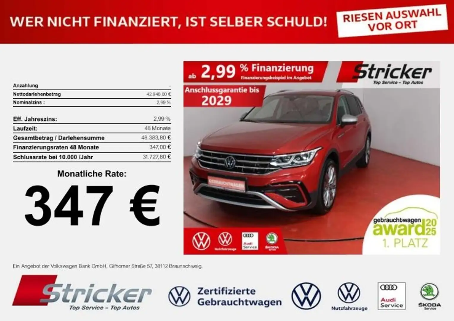 Volkswagen Tiguan Allspace Elegance 2.0TDI 4M 348,-ohne Anzahlung 7-Sitzer A Rot - 1