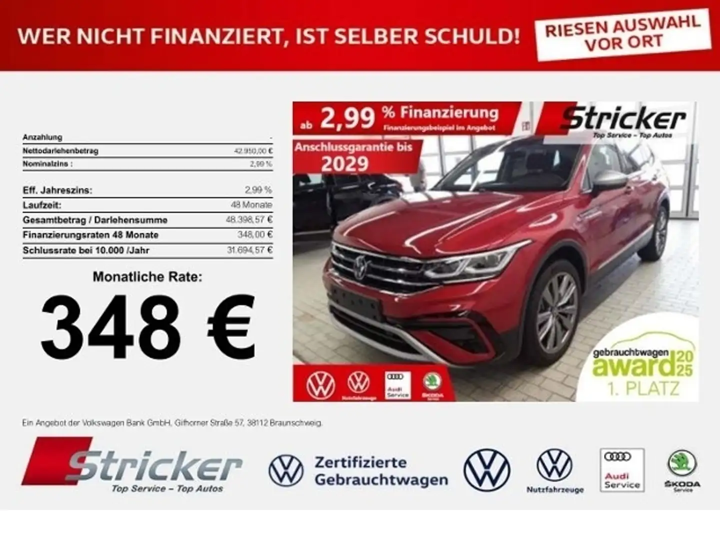 Volkswagen Tiguan Allspace Elegance 2.0TDI 4M 348,-ohne Anzahlung 7-Sitzer A Rot - 1