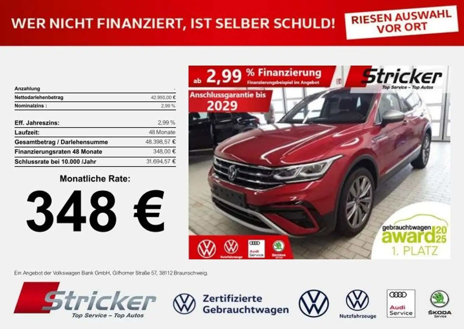 Volkswagen Tiguan Allspace Elegance 2.0TDI 4M 348,-ohne Anzahlung 7-Sitzer A Rot - 2