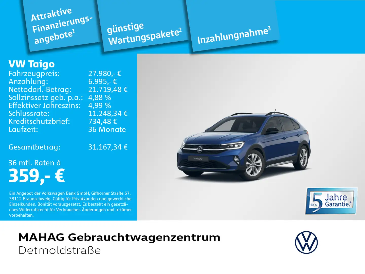 Volkswagen Taigo 1.5 TSI GOAL NaviPro IQ.LIGHT R-KAM ACC 17 Blau - 1