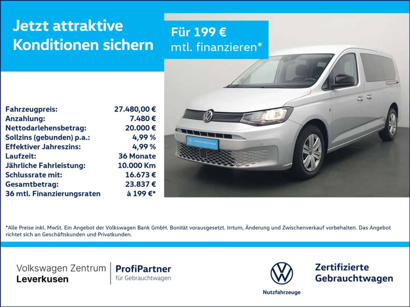 Volkswagen Caddy Maxi 7-SITZER AHK SHZ CARPLAY PORT NAVI Silber - 1