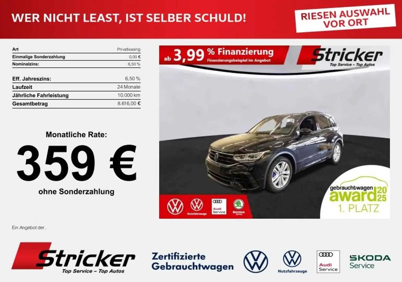Volkswagen Tiguan R Black Style 2.0TSI 359,-ohne Anzahlung AHK Lede Schwarz - 1