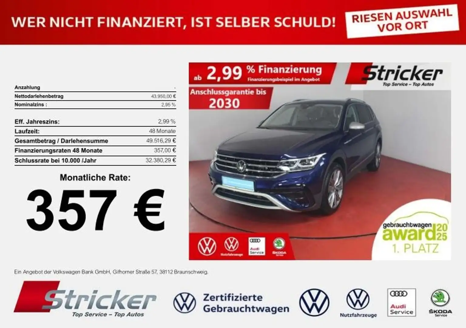 Volkswagen Tiguan Allspace Elegance 2.0TDI DSG 4M 357,-ohne Anzahlung 7-Sitz Blau - 1