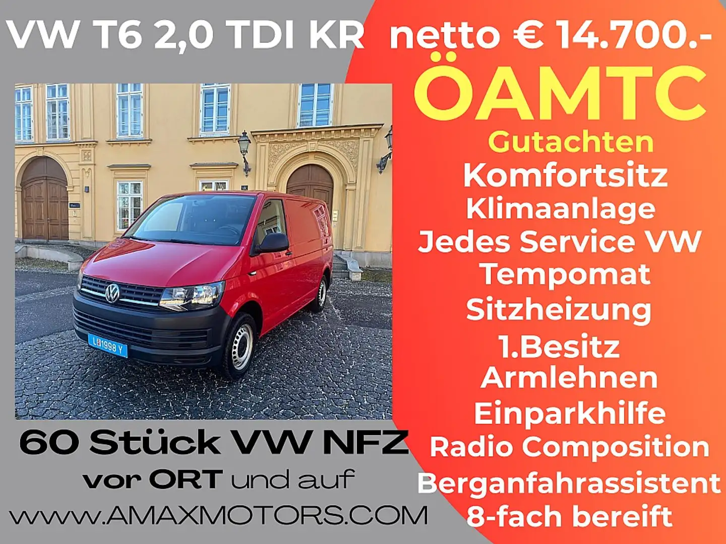Volkswagen T6 Transporter KR HK Klima MWST.ausweisbar Tempomat  Einparkhi... Rot - 1