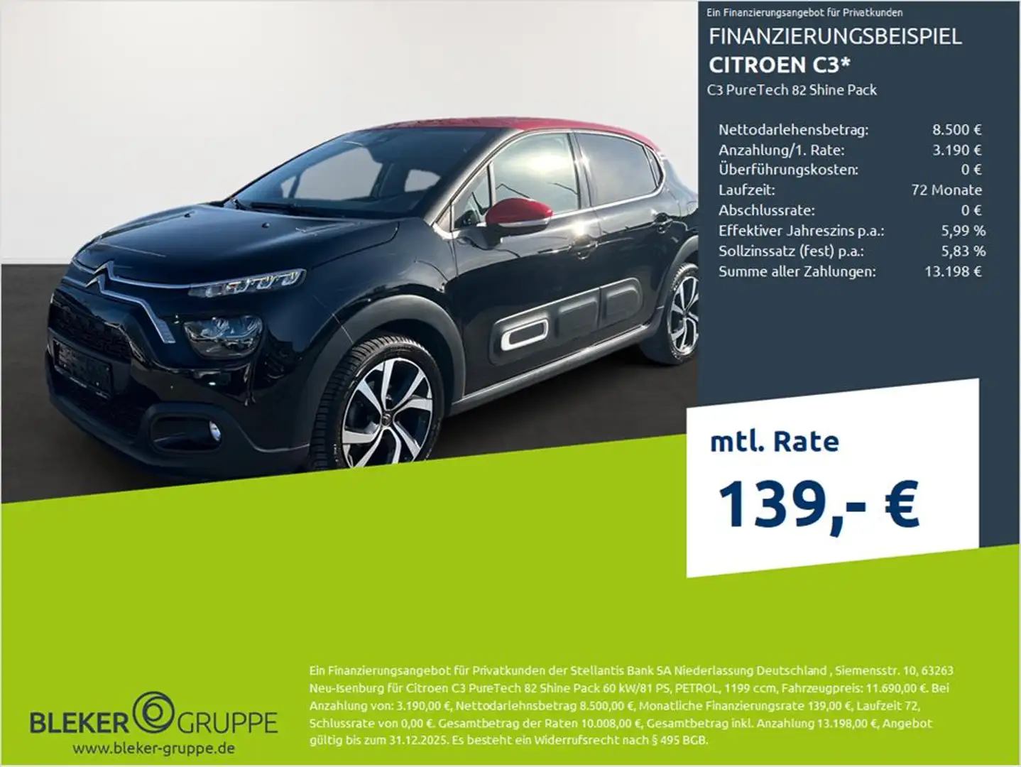 Citroen C3 C3 PureTech 82 Shine Pack Schwarz - 1