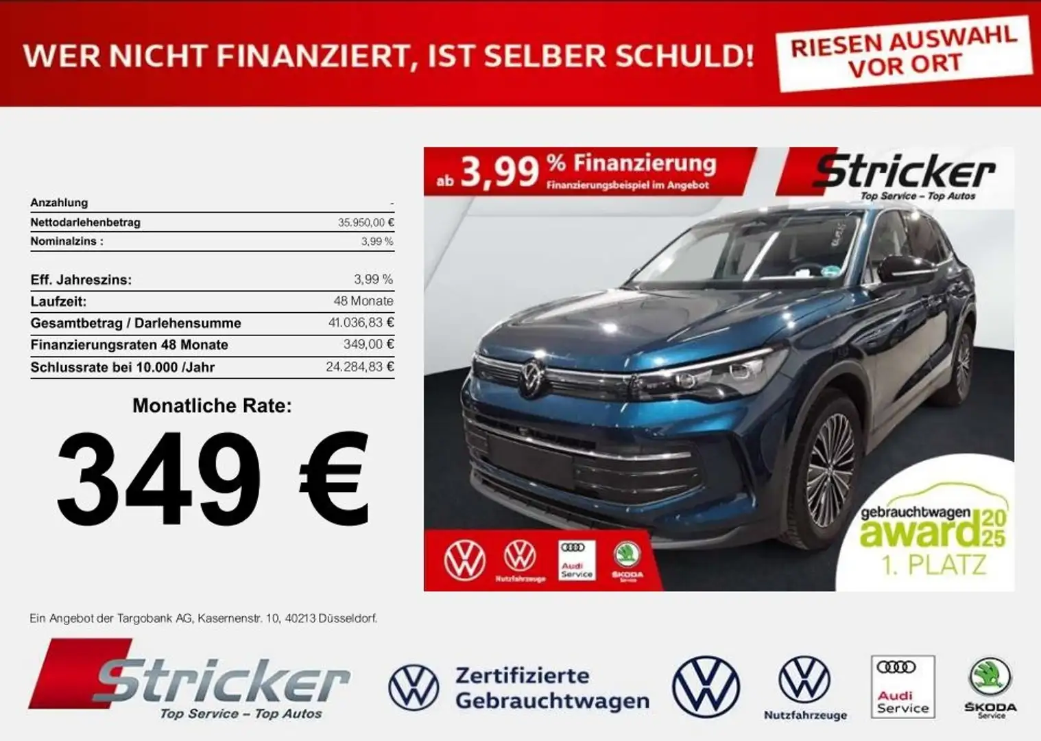 Volkswagen Tiguan Goal 2.0TDI DSG 349,-ohne Anzahlung Navi AHK Kame Blau - 1