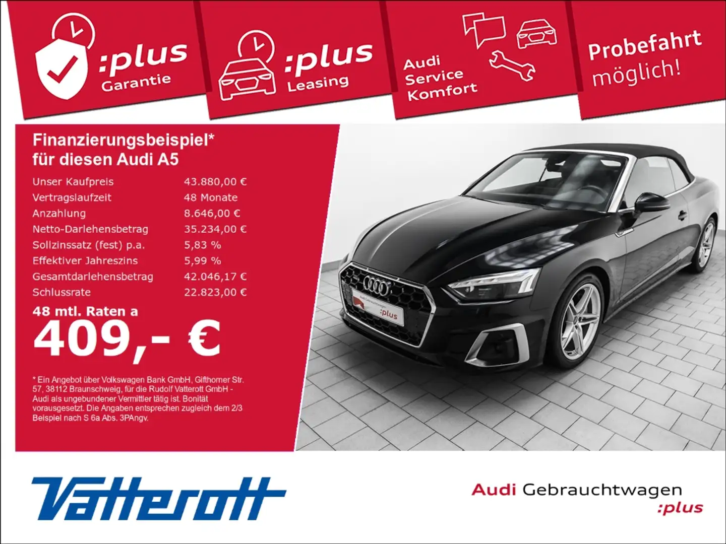 Audi A5 Cabrio 45 TFSI S line quattro Navi Kamera virtuell Schwarz - 1