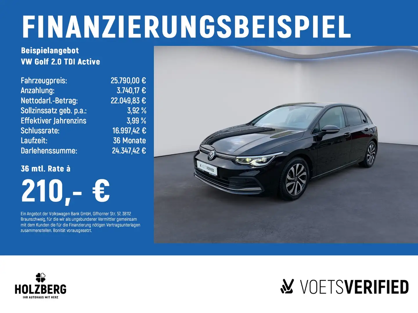 Volkswagen Golf 2.0 TDI Active MATRIX+PANO+AHK+HUD Schwarz - 2