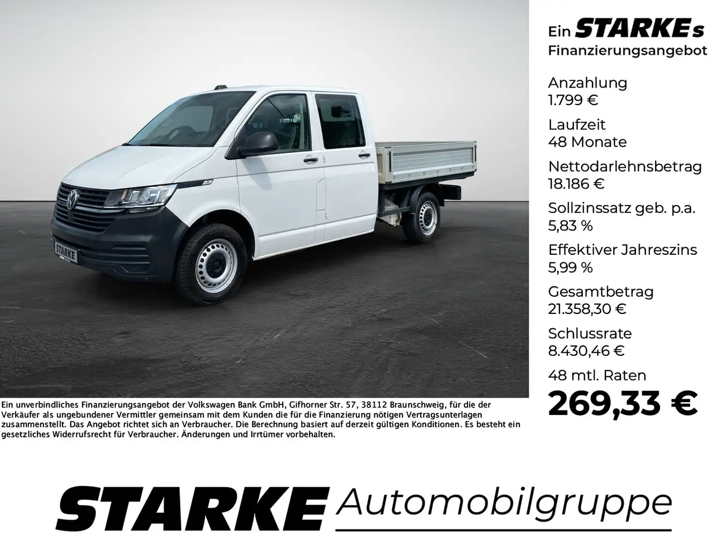 Volkswagen T6 Transporter T6.1 DoKa 2.0 TDI Pritsche lang Weiß - 1