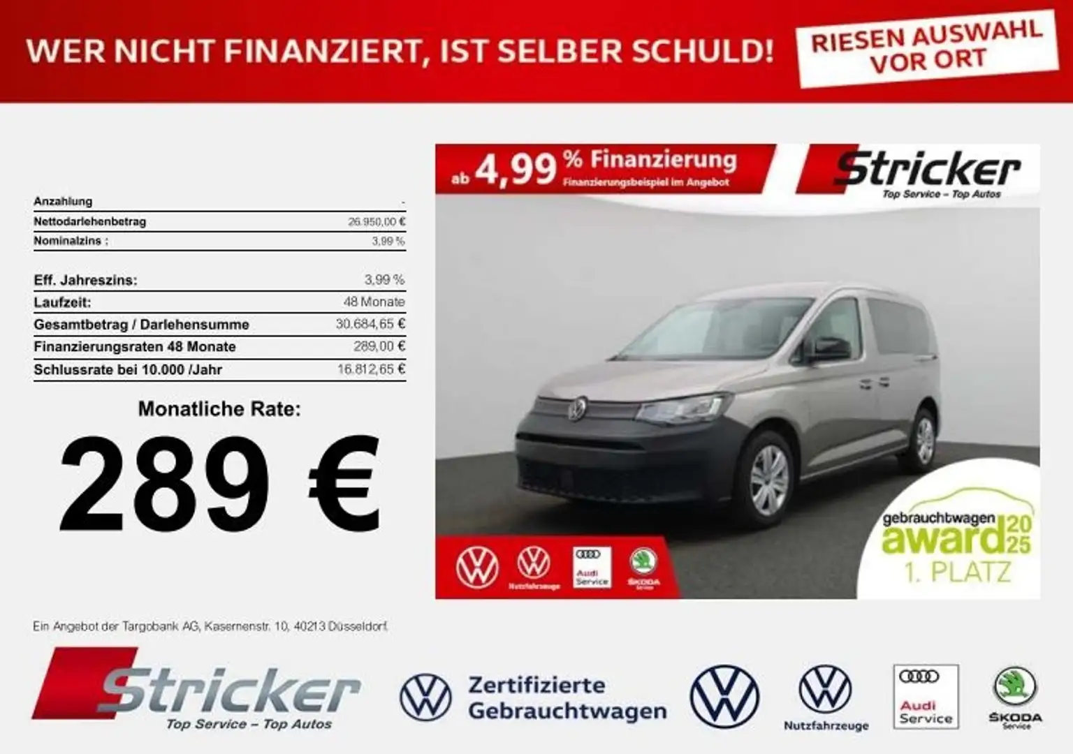 Volkswagen Caddy Kombi 2.0TDI 289,-ohne Anzahlung Kamera Navi DAB+ Beige - 1