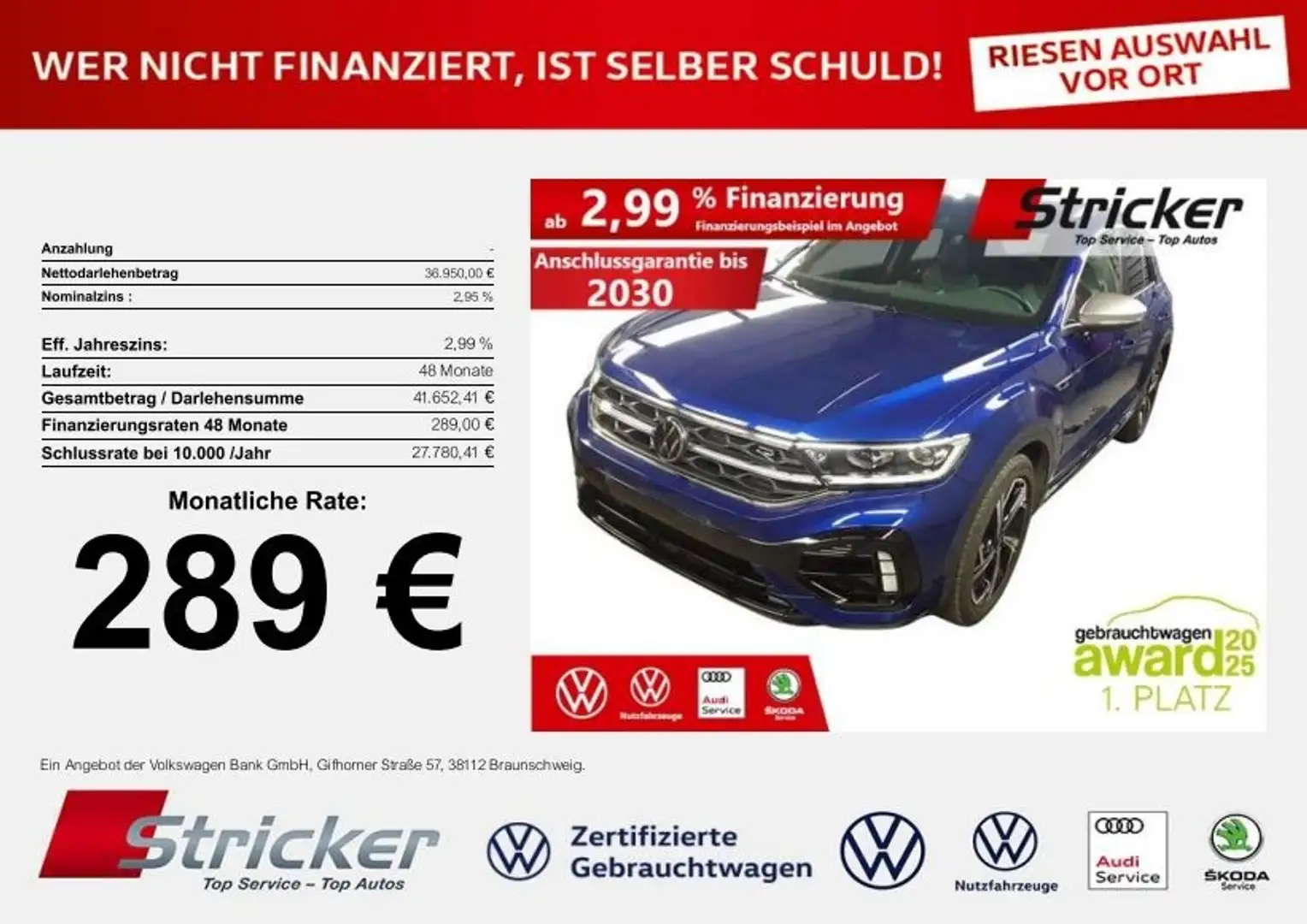 Volkswagen T-Roc R 2.0TSI DSG 289,-ohne Anzahlung AHK Kamera Blau - 1