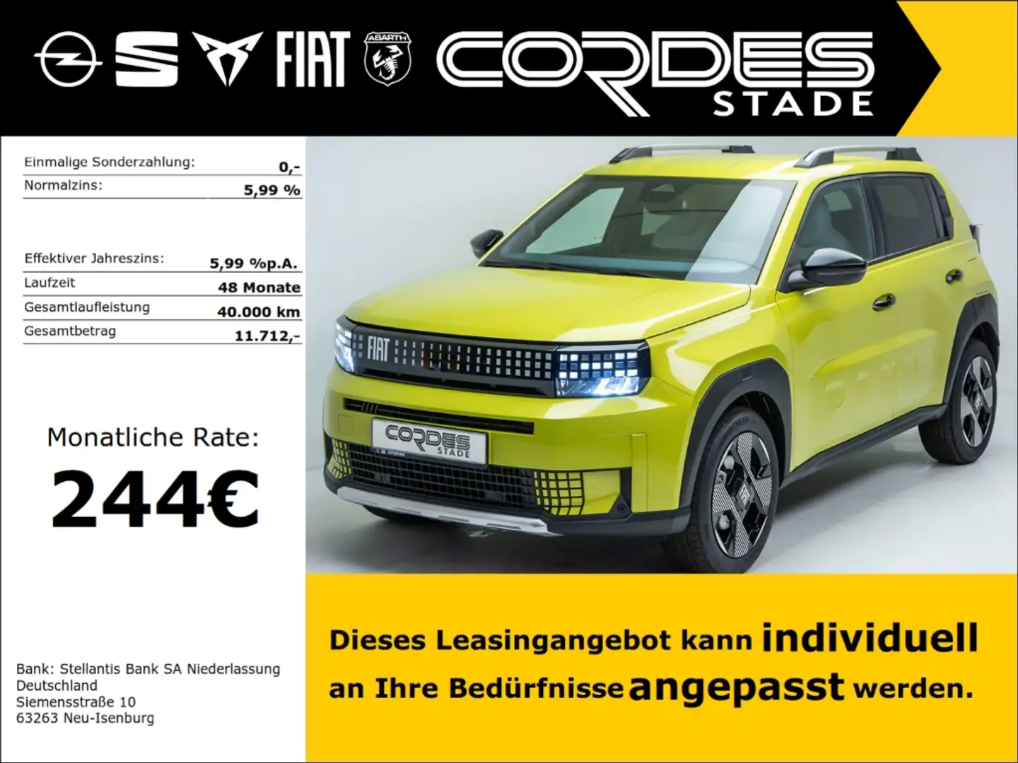 Fiat Grande Panda Hybrid 1.2 eDCT La Prima Automatik Navi PDC (NW100 Geel - 1