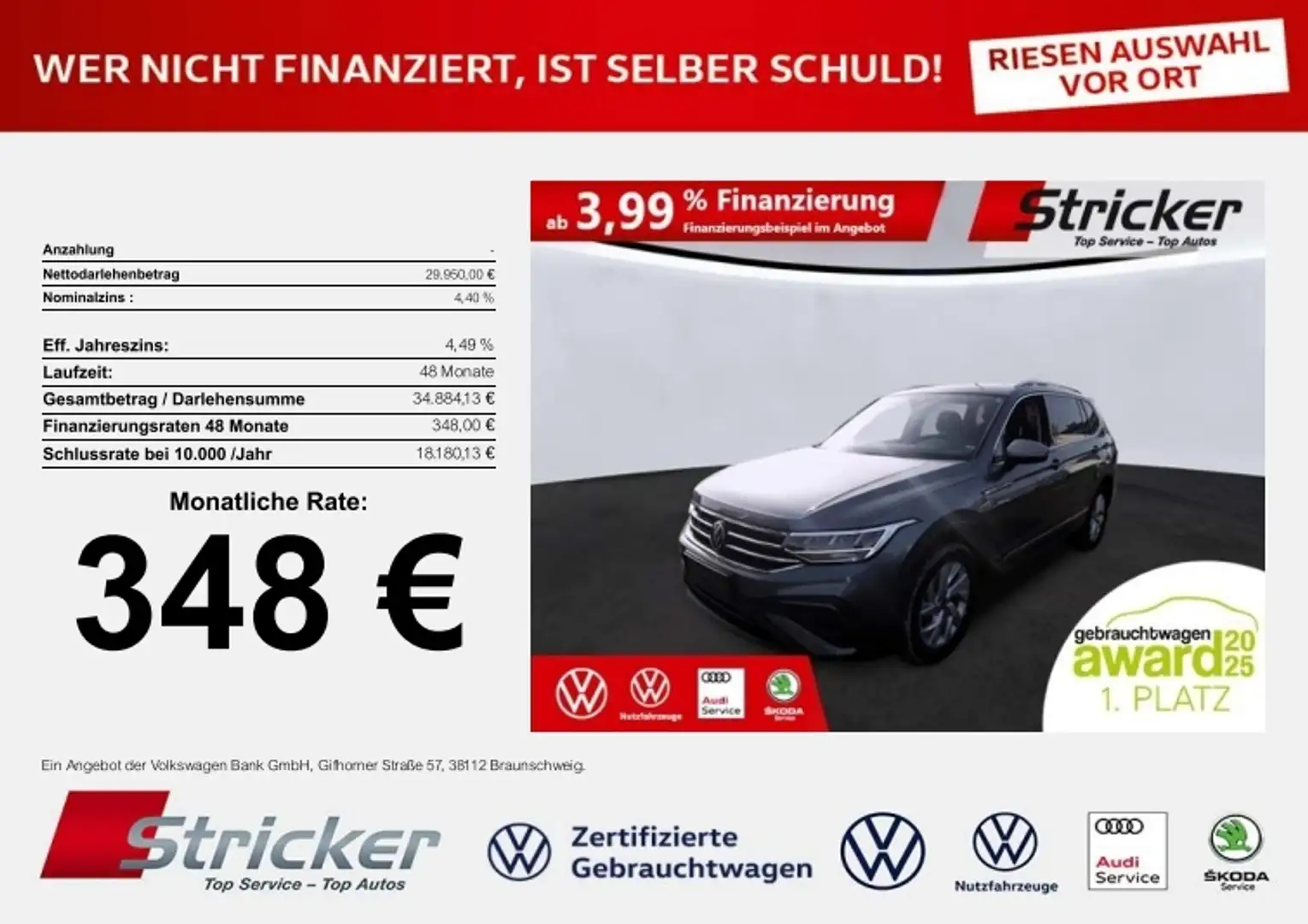 Volkswagen Tiguan Allspace Life 2.0 TDI DSG 348,-ohne Anzahlung AHK Pano HUD Grau - 2