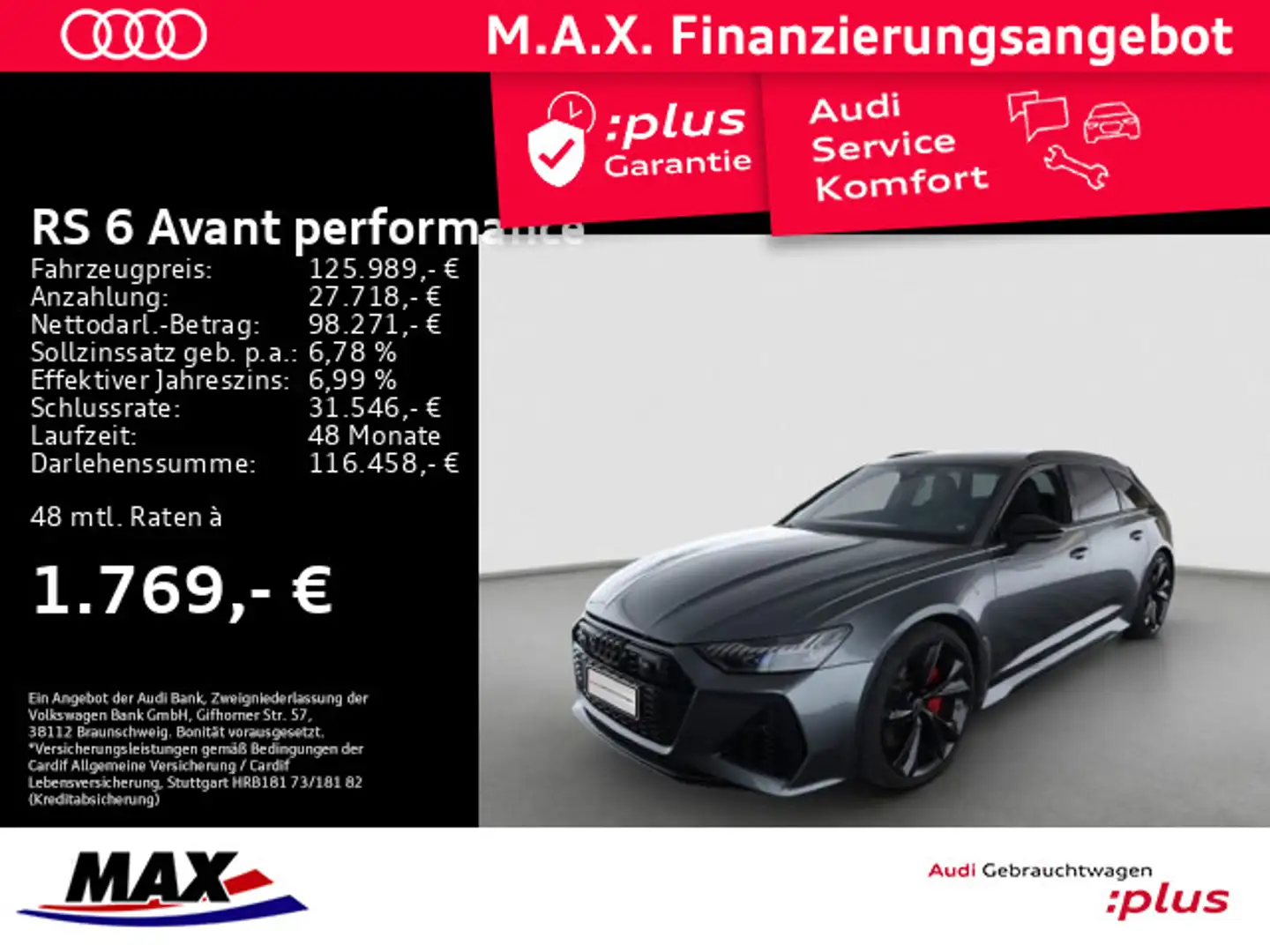 Audi RS6 RS6 Avant PERFORMANCE +280 KM/H+SAGA+AHK+WABEN+ Grau - 1