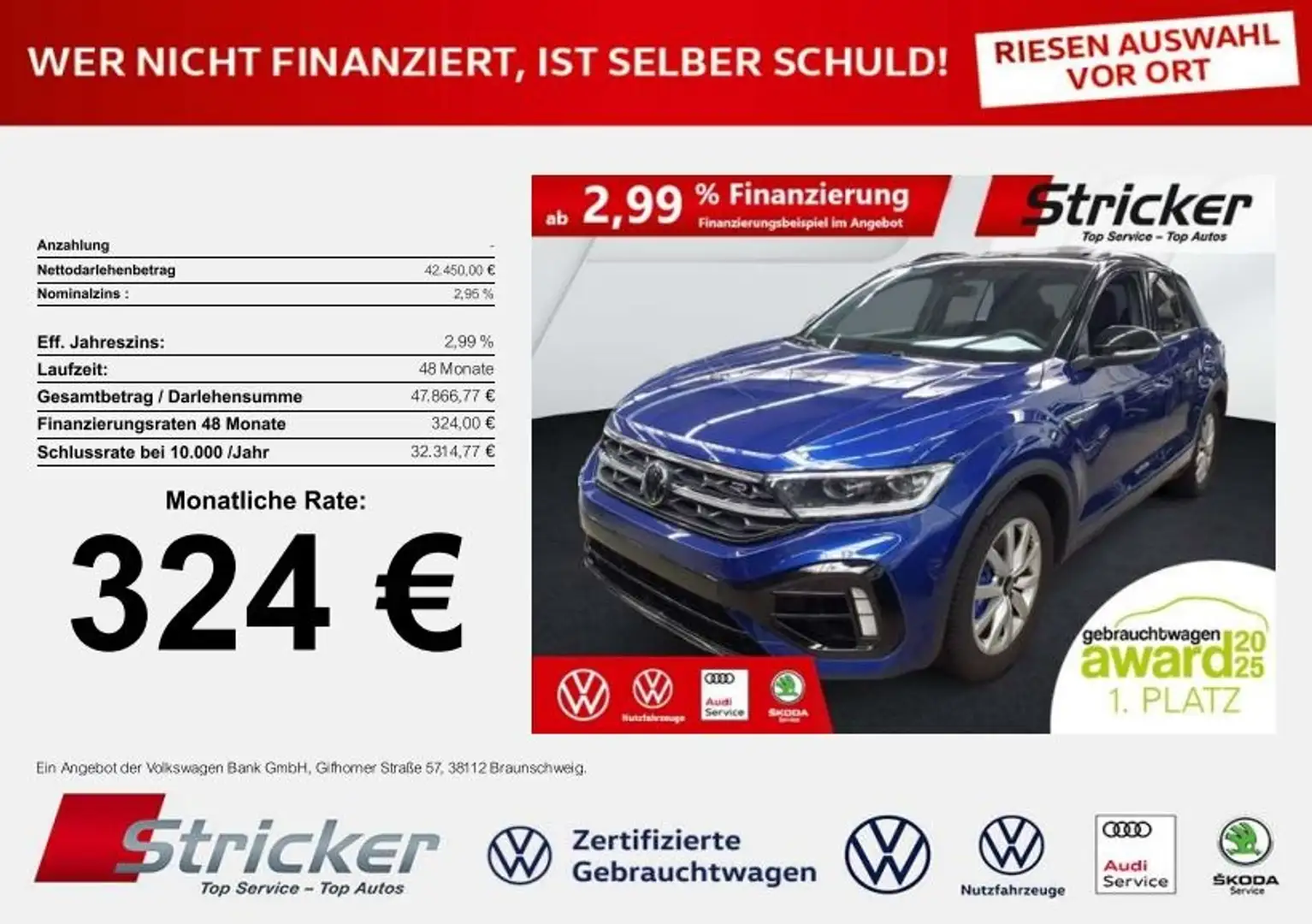Volkswagen T-Roc R 2.0TSI DSG 324,-ohne Anzahlung Pano Akrapovic Blau - 1