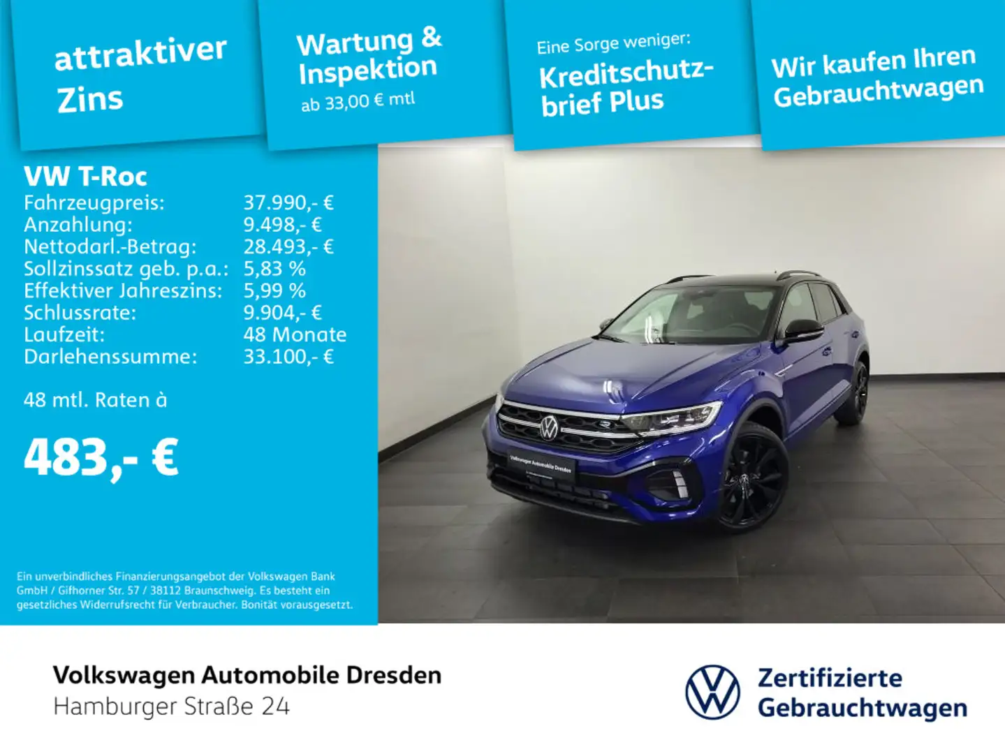 Volkswagen T-Roc R-Line 1.5 l TSI DSG AHZV DCC NAVI FSE Blau - 1