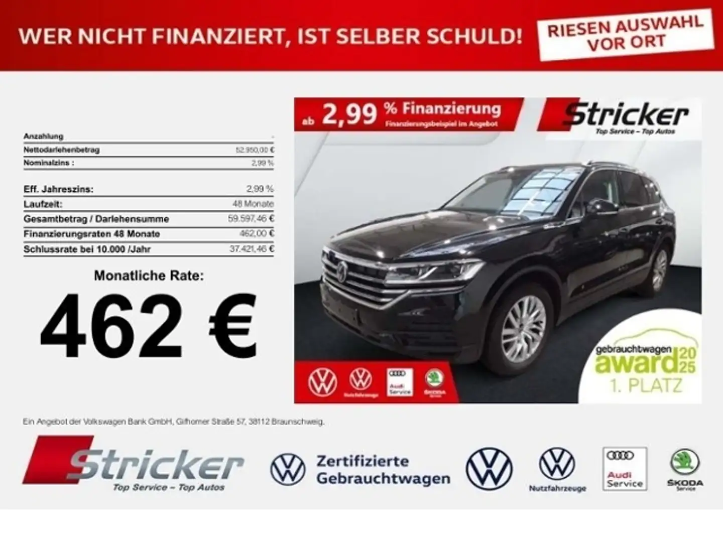 Volkswagen Touareg 3.0 TDI 462,-ohne Anzahlung AHK Kamera Luft Schwarz - 1