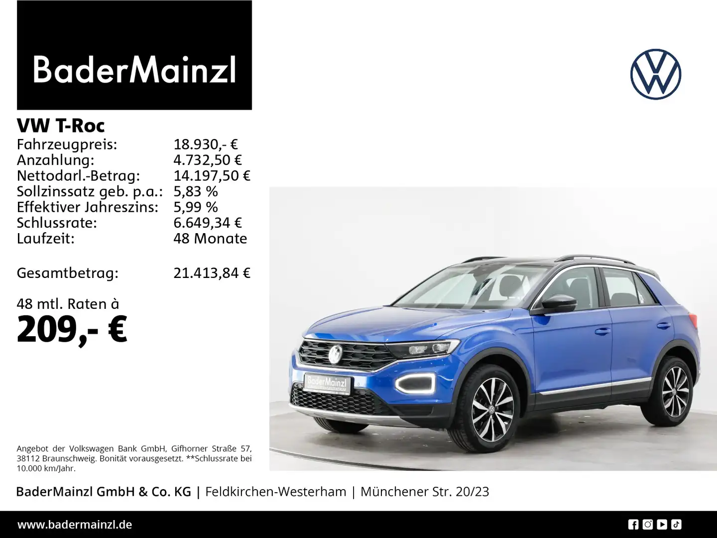 Volkswagen T-Roc 1.5 TSI Style PDC Pano ACC SHZ Blau - 1