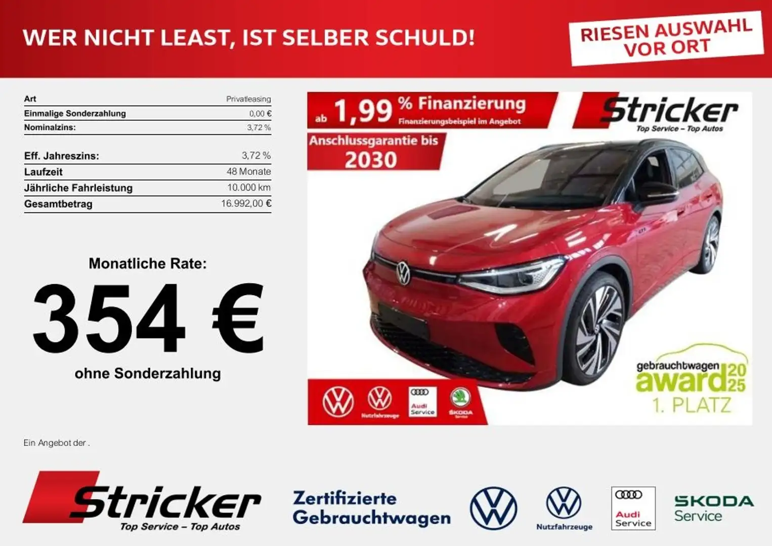 Volkswagen ID.4 GTX 250/77 354,-ohne Anzahlung Pano Wärmepumpe Rot - 1